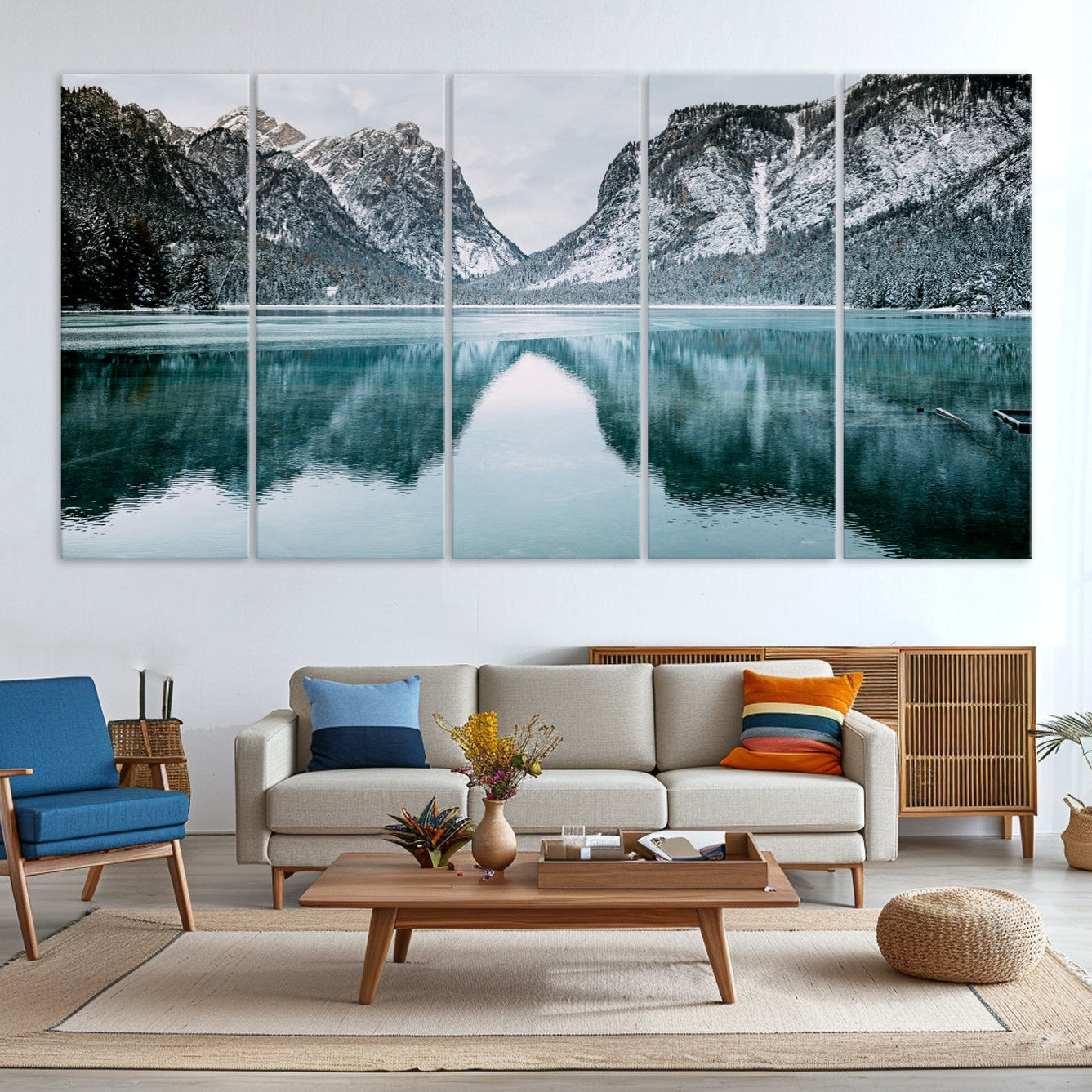 -Mountain Lake Wall Art Canvas Print – Snowy Peaks Winter Wonderland Scene Serene Nature Landscape Artwork for Home Office