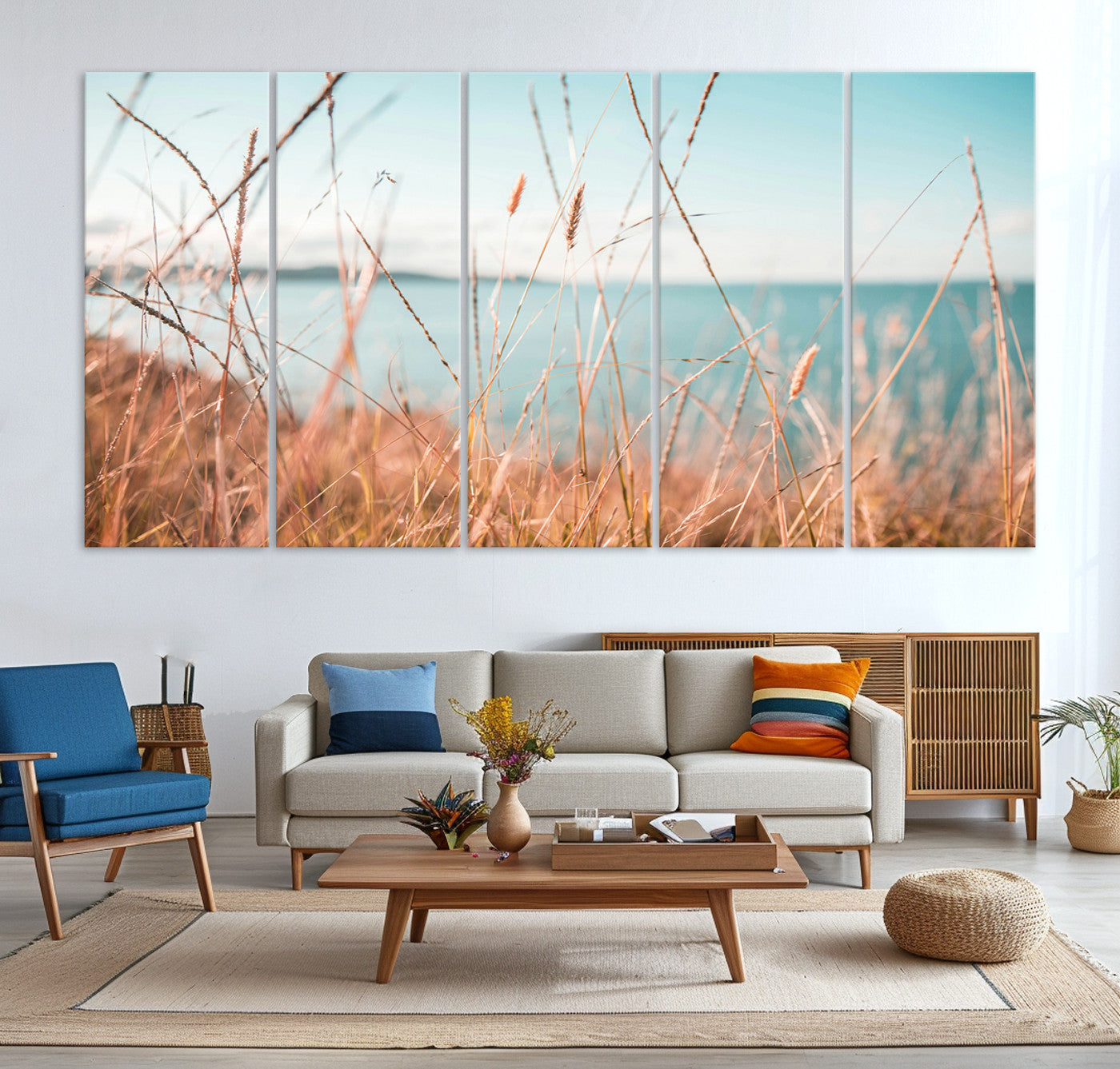 36108696-MGV-CV-36X24-Coastal Grass Landscape Wall Art Canvas Print – Golden Shoreline Nature Scene Serene Ocean View Artwork for Home Office