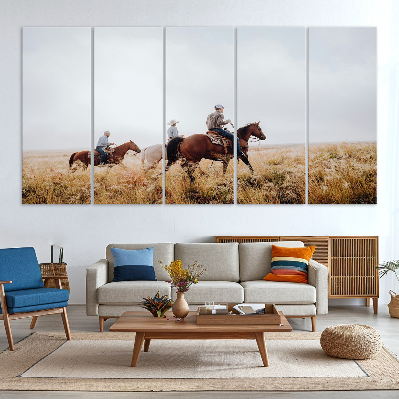 -Western Cowboys Wall Art Canvas Print – Rustic Prairie Horseback Riding Scene Country Landscape Artwork for Home Office