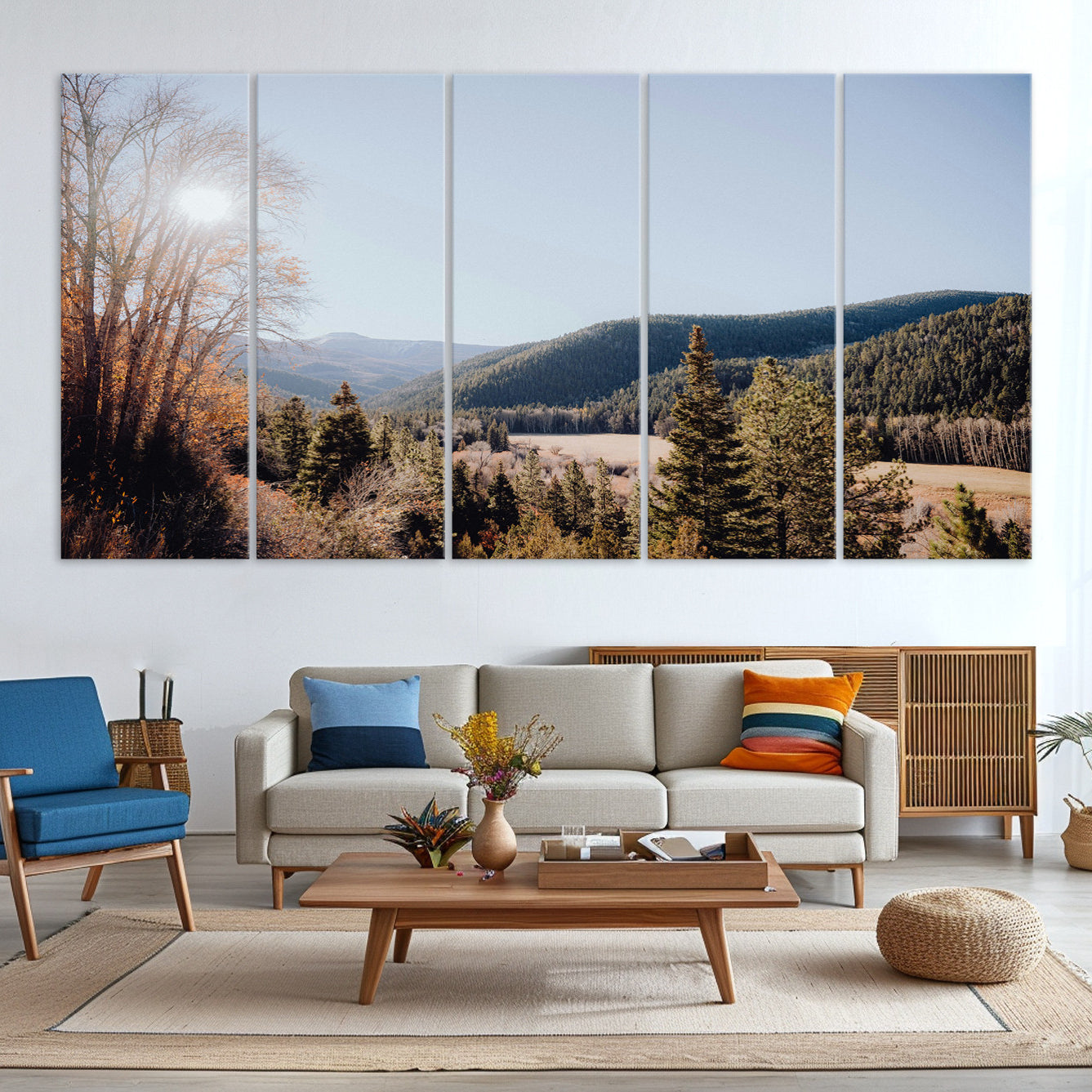 -Rustic Landscape Wall Art Canvas Print – Serene Valley Scene Pine Tree Horizon Nature Artwork for Home Office