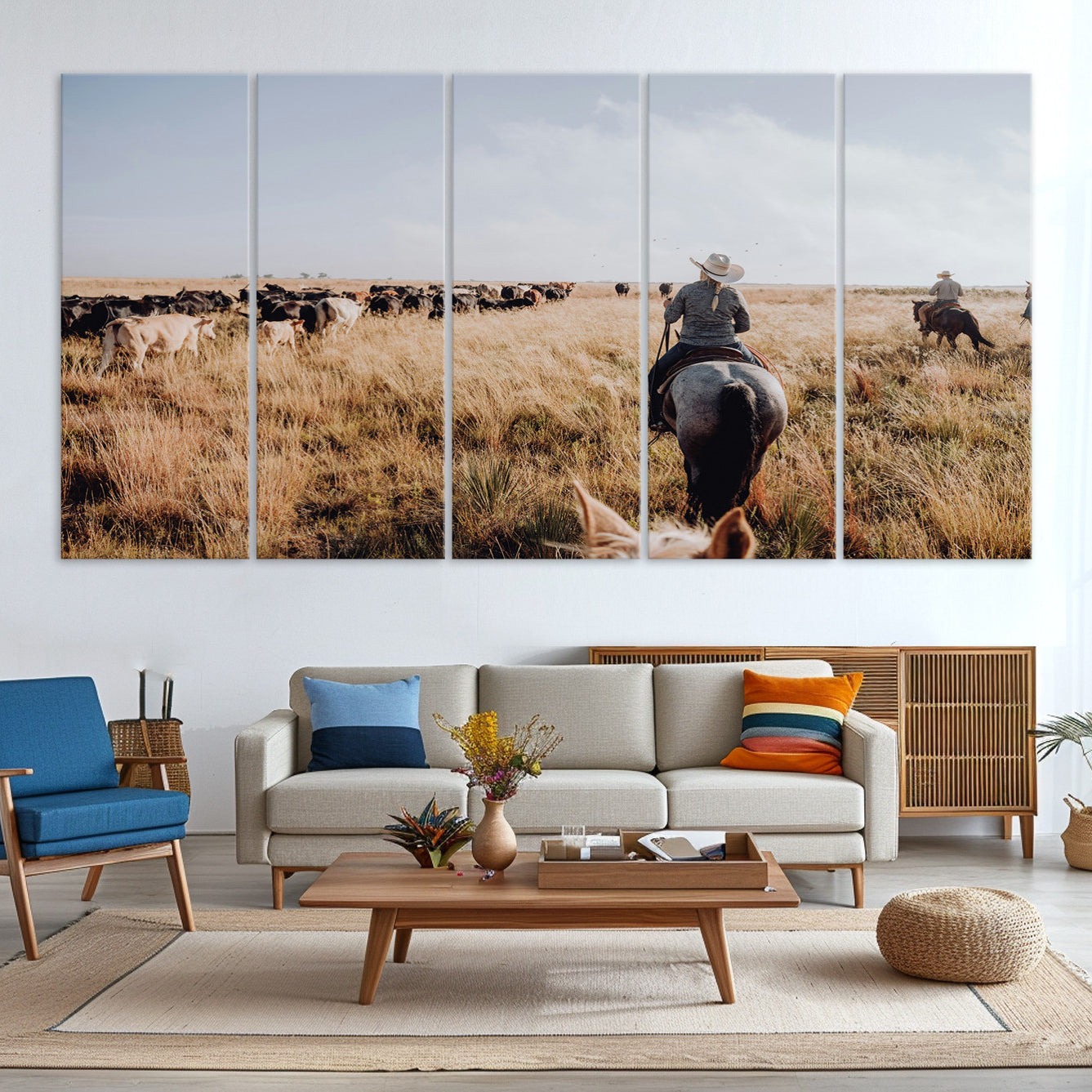 -Western Wall Art Canvas Print – Framed Cowboy Cattle Drive Scene Rustic Ranch Landscape Artwork for Home Office