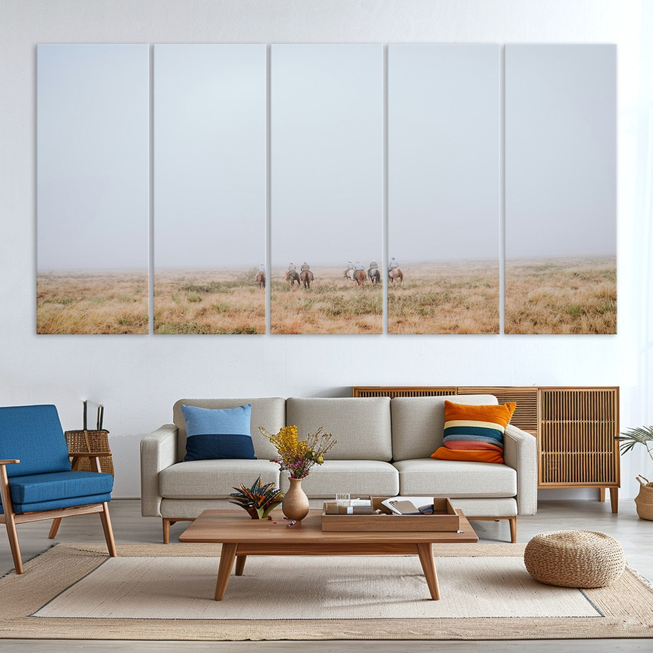 14761944-MGV-CV-36X24-Foggy Plains Wall Art Canvas Print – Framed Horseback Riders Rustic Western Landscape Scene Artwork for Home Office