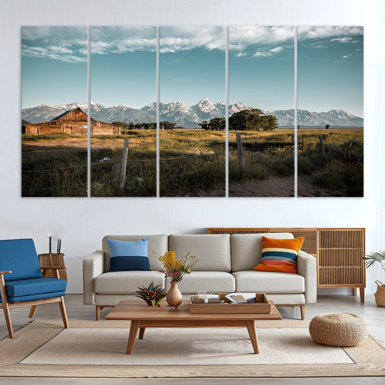 -Rustic Farmhouse Wall Art Canvas Print – Framed Mountain Cabin Western Landscape Scene Artwork for Home Office