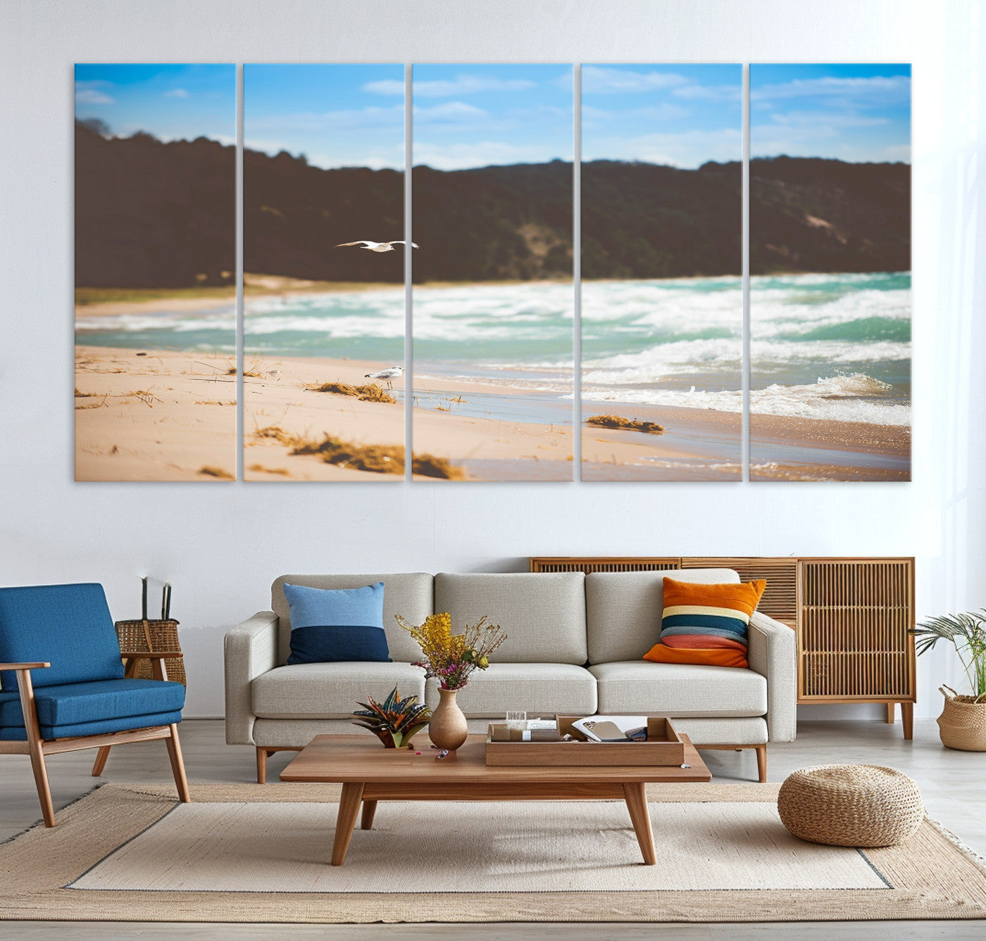 -Tranquil Beach Scene Wall Art Canvas Print – Framed Blue Ocean Waves Sandy Shore Coastal Nature Artwork for Home Office