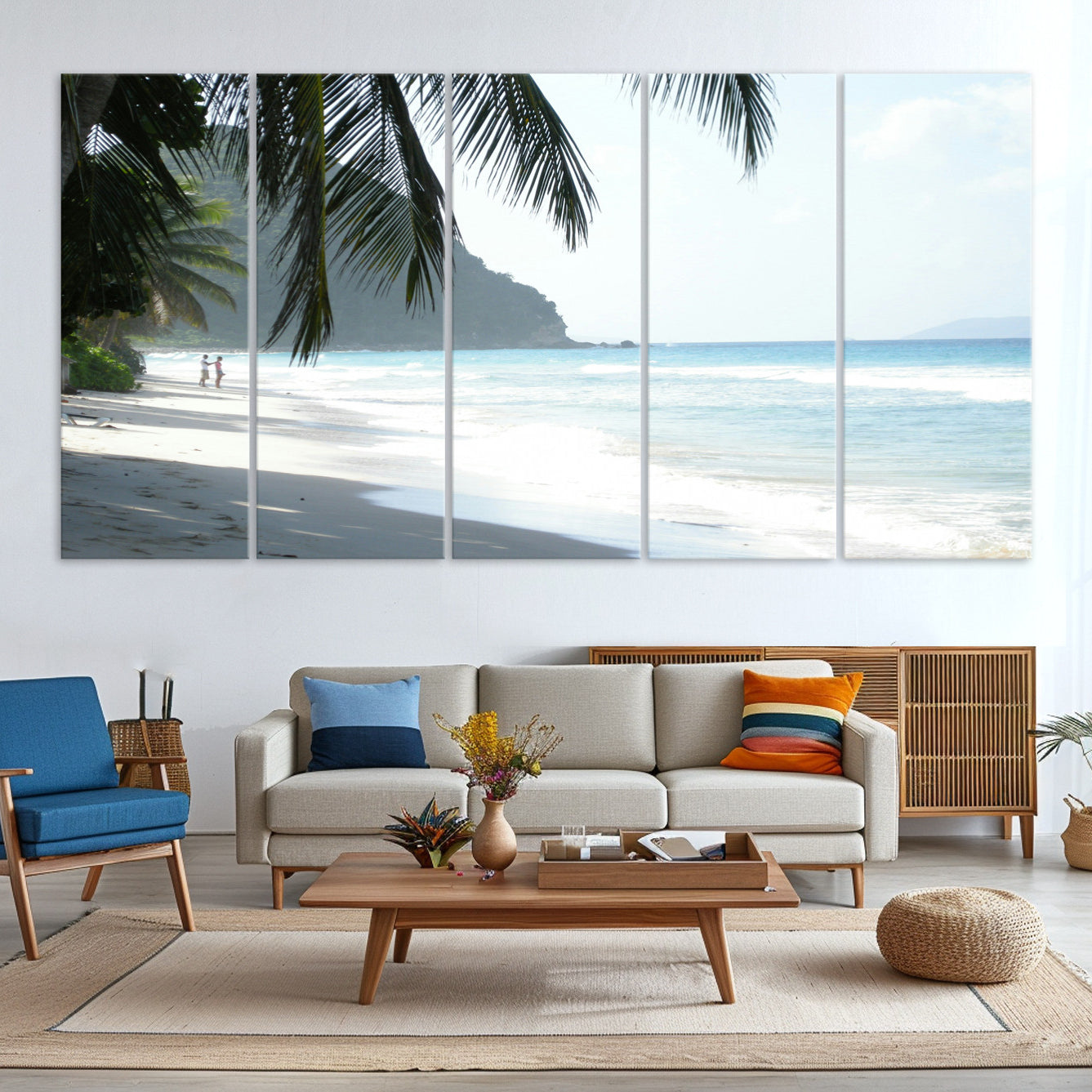 -Tropical Beach Wall Art Canvas Print – Framed Serene Ocean Scene Palm Tree Shadows Coastal Nature Artwork for Home Office