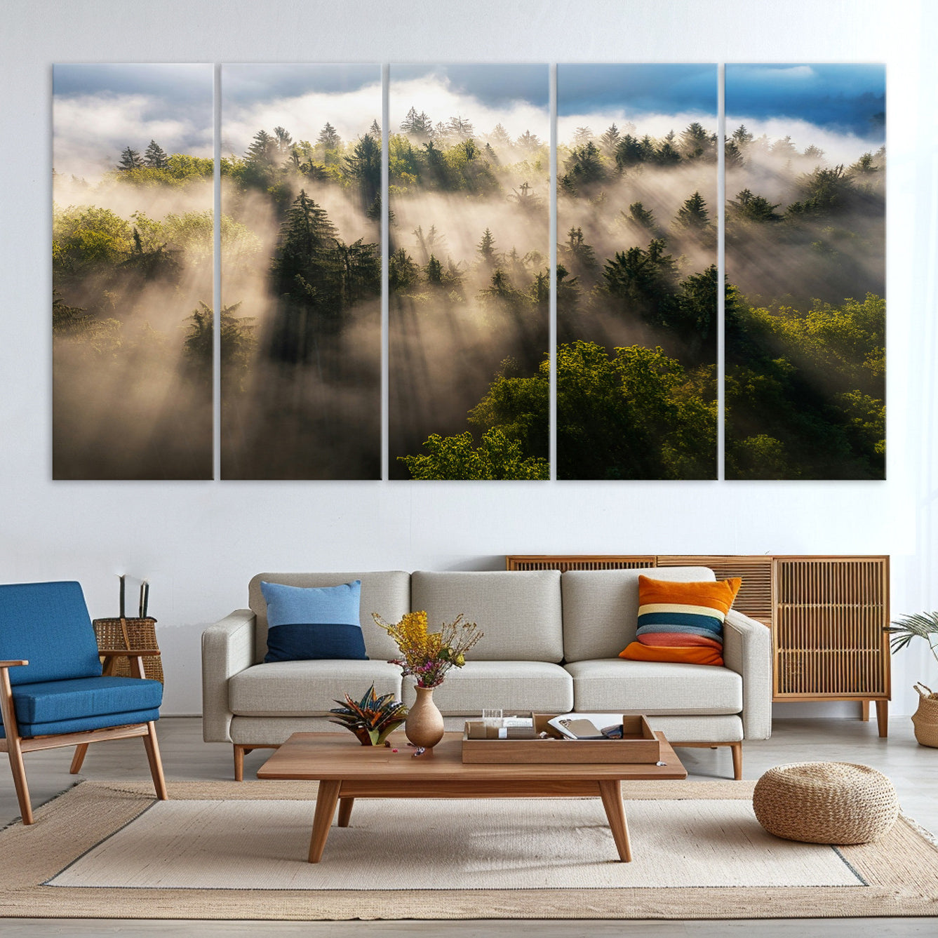 -Tranquil Forest Scene Wall Art Canvas Print – Framed Moody Sunbeam Through Trees Nature Artwork for Home Office