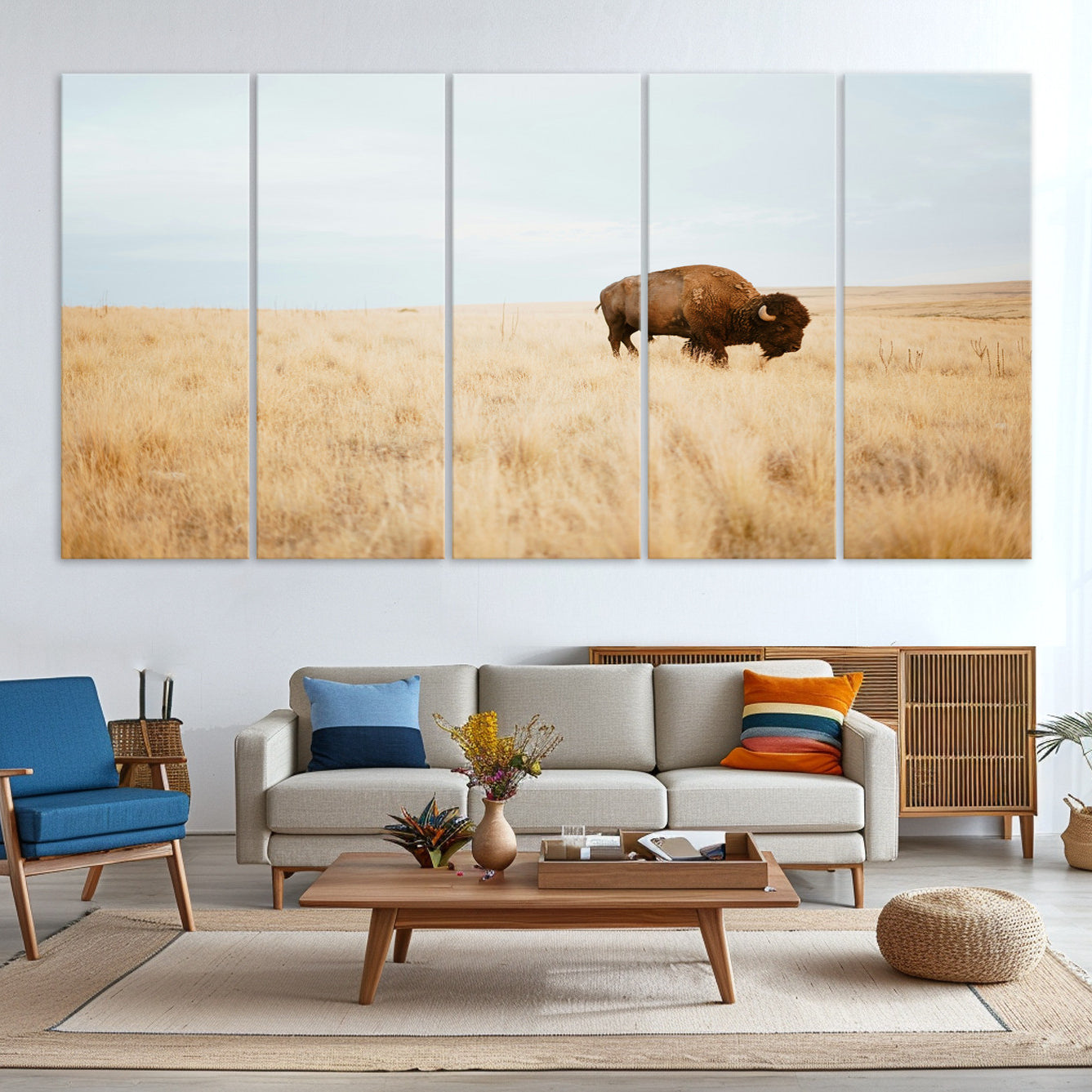 -Buffalo Wall Art Canvas Print – Framed Western Wildlife Rustic Prairie Scene Nature Artwork for Home Office