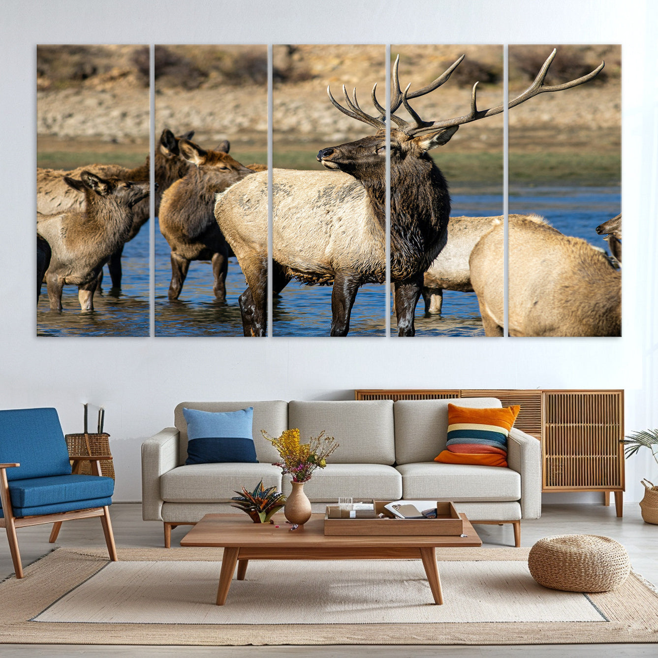 -Wild Elk Wall Art Canvas Print – Framed Neutral Wildlife Rustic Forest Scene Photography Artwork for Home Office