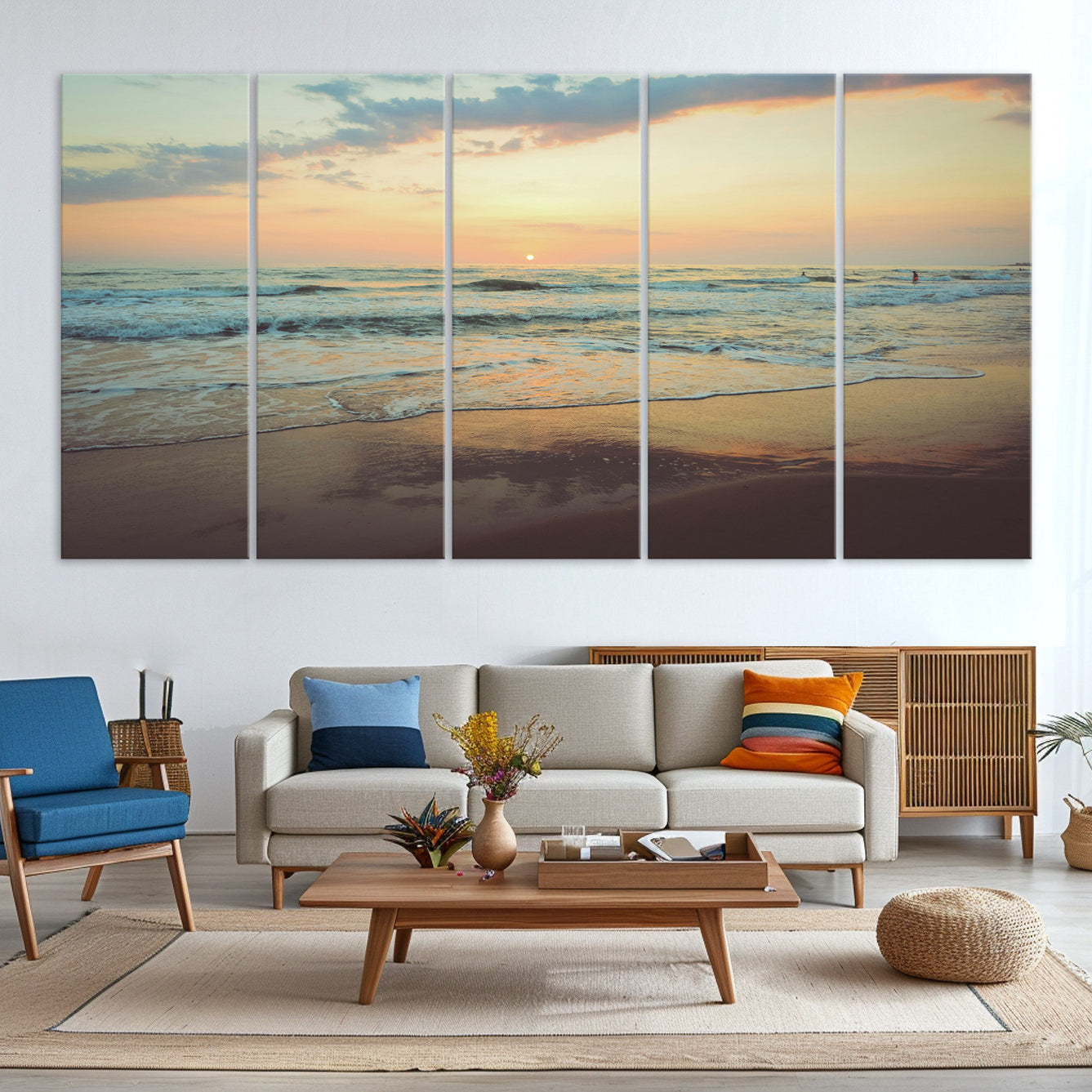 -Sunset Seascape Wall Art Canvas Print – Framed Pastel Ocean View Tranquil Beach Scene Nature Artwork for Home Office