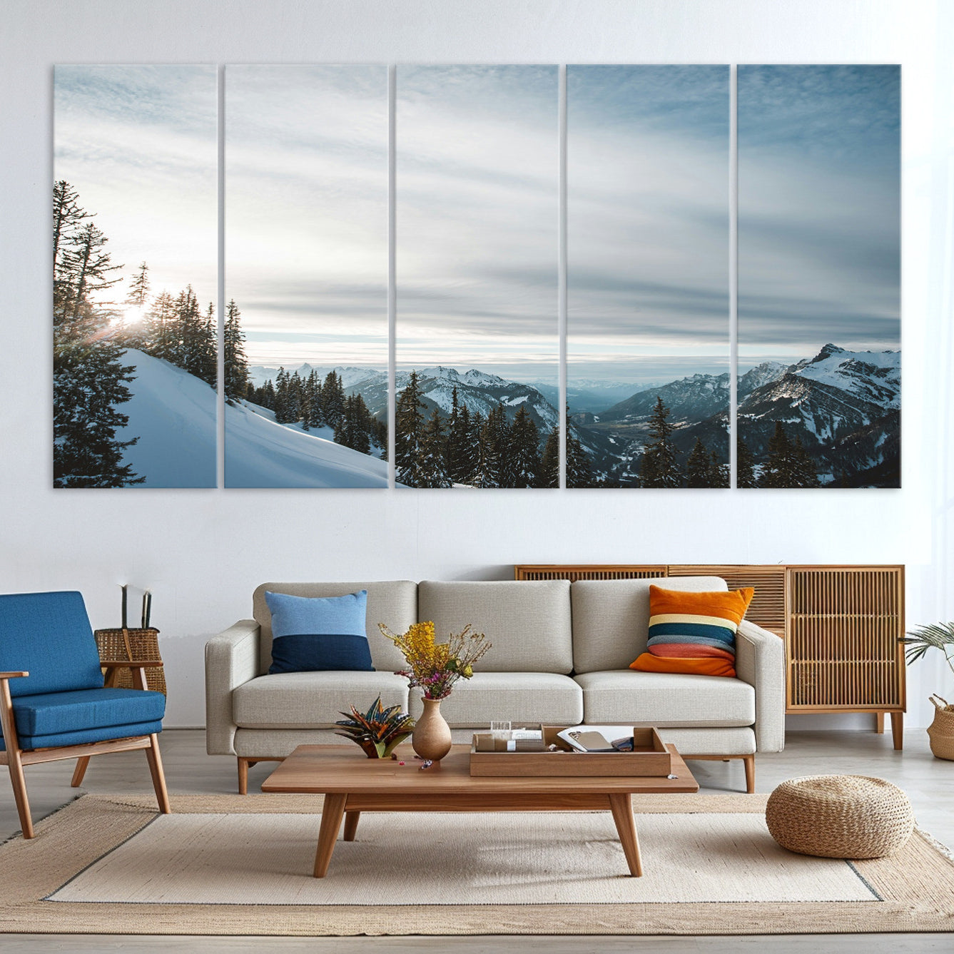 55564749-MGV-CV-36X24-Snowy Mountain Wall Art Canvas Print – Frosty Peaks Alpine Landscape Winter Sky Nature Photography Artwork for Home Office