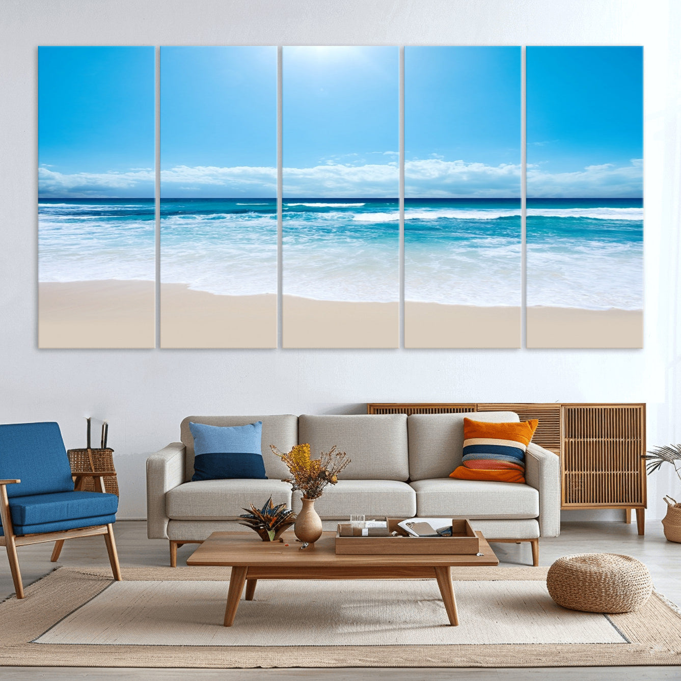 -Wall Art Canvas Print Shiny Blue Sea and Beach
