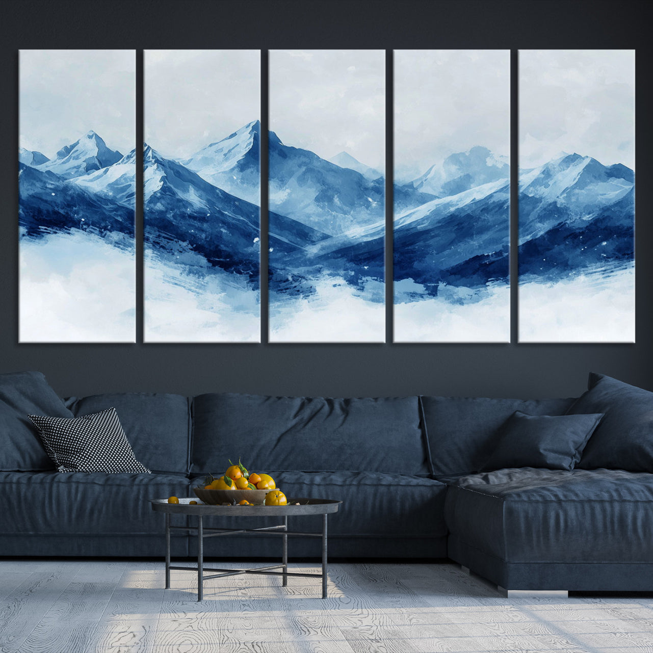 Peaceful watercolor-style painting of snowy blue mountains in soft tones, perfect for winter-themed or minimalist wall decor.