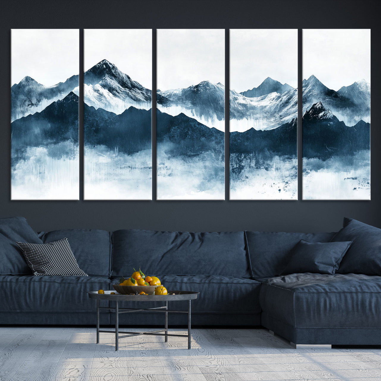 Abstract blue-toned canvas of snowy mountains in misty tones, ideal for minimalist or moody alpine-inspired home decor.