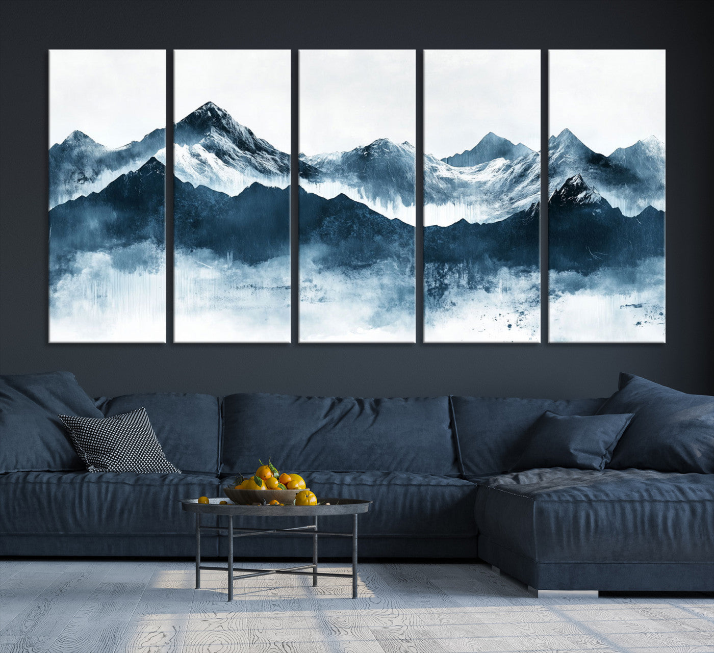 Abstract blue-toned canvas of snowy mountains in misty tones, ideal for minimalist or moody alpine-inspired home decor.