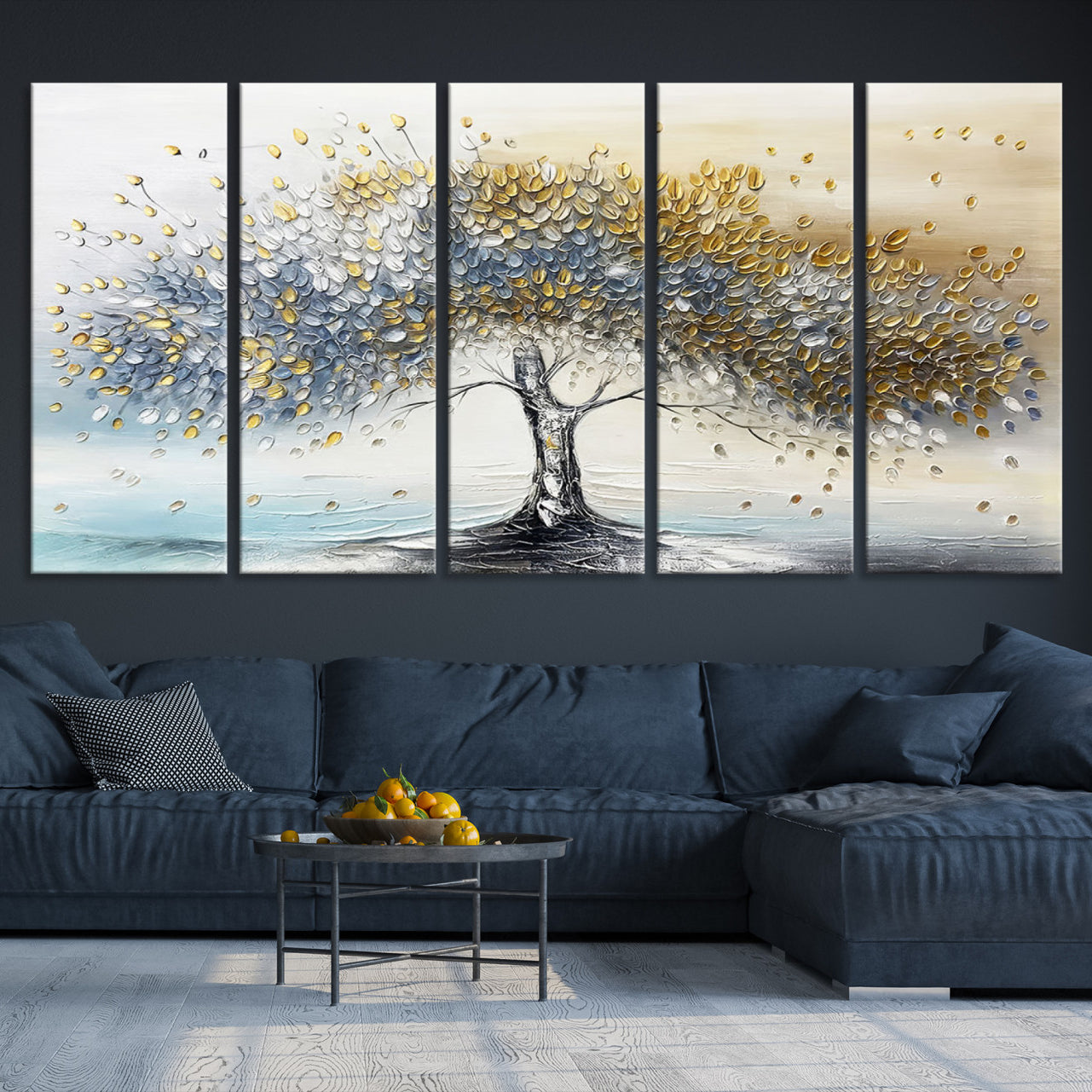 Canvas of a silver and gold textured tree with a soft neutral background, ideal for elegant and minimalist home decor styles.