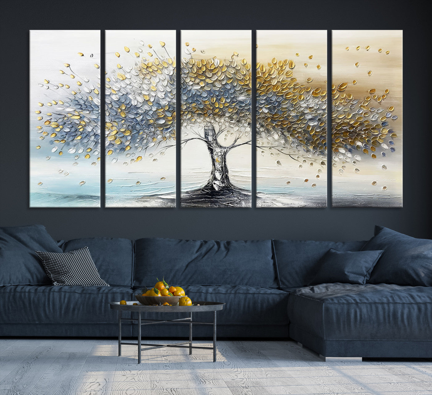 24771-MGV-CV-48X32-3P-Silver Tree Wall Art – Framed Golden Leaves Canvas Artwork, Metallic Nature Design, Elegant Modern Decor for Home, Office