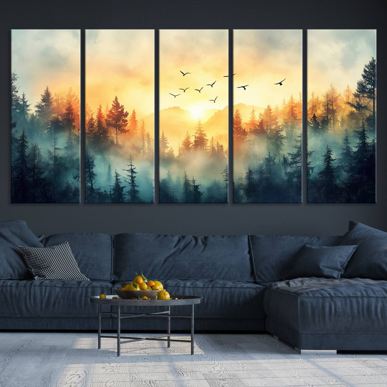Canvas of a misty pine forest at sunrise with golden light and birds flying across the sky, perfect for tranquil nature-themed wall decor.