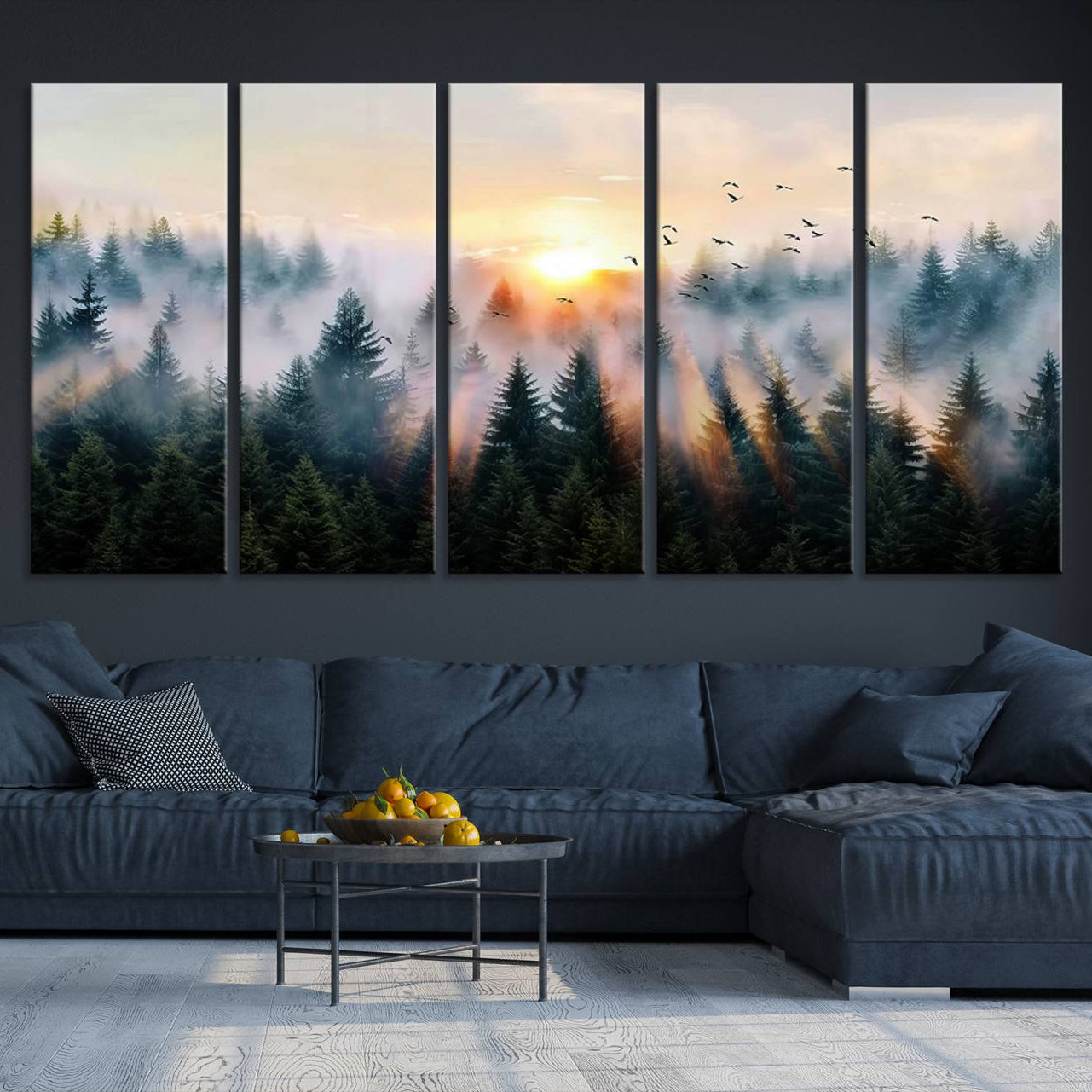 Canvas of a misty pine forest at sunrise with birds flying through golden morning rays, perfect for serene and moody woodland-style home decor.