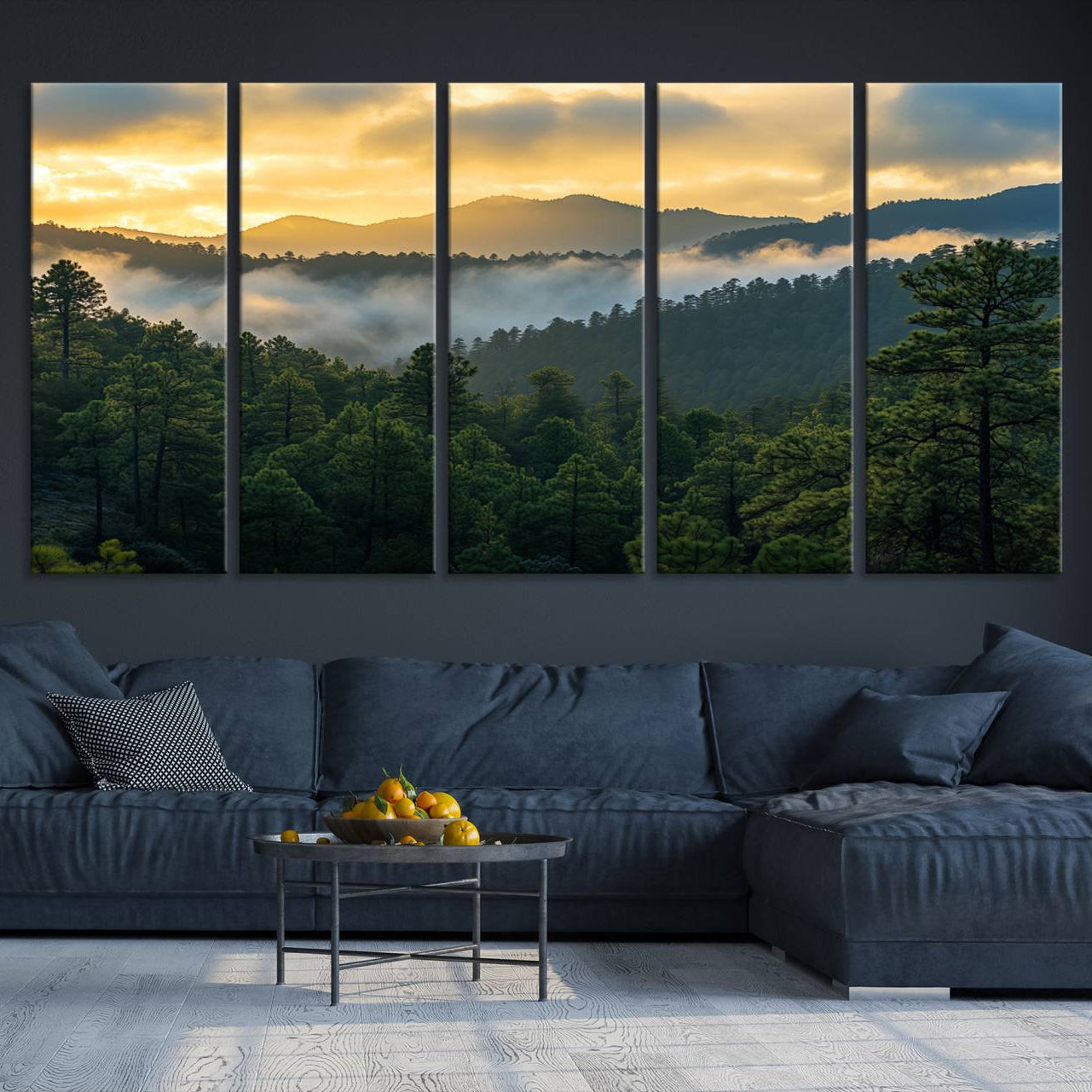 Canvas of misty pine-covered mountains at sunrise, featuring golden light and fog layers, ideal for tranquil earthy home decor.