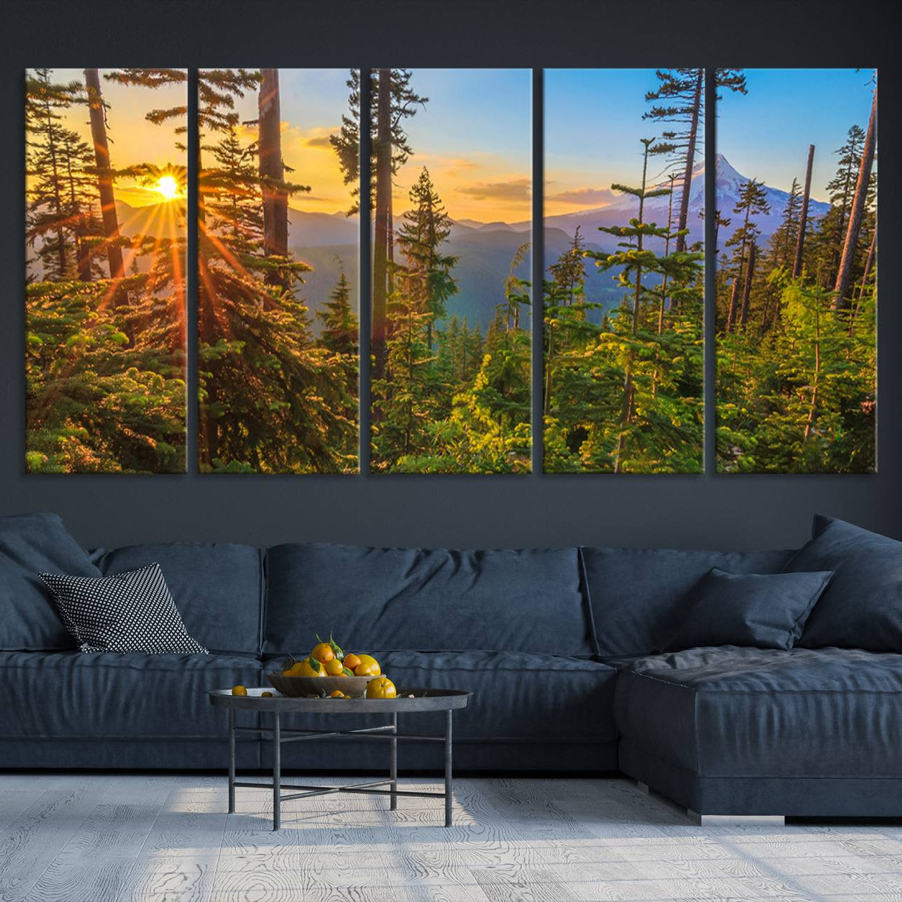 -Forest Sunset Wall Art Canvas Print, Framed Sunset Trees Art Picture Print, Green Pines Perfect
