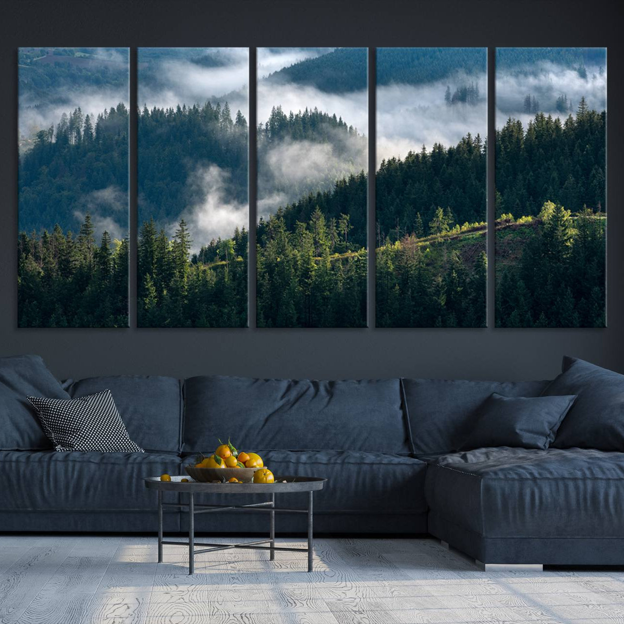 -Misty Forest Wall Art Canvas Print, Framed Pine Hills Art Picture Print, Misty Forest Print,