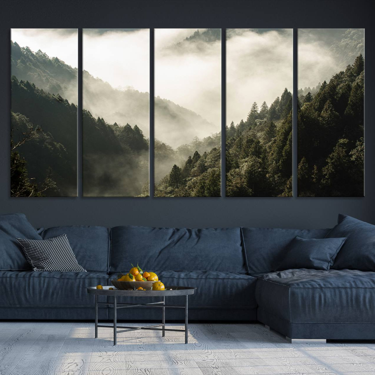 -Misty Valley Canvas Print, Framed Foggy Forest Art Picture Print, Pine Trees Perfect Moody Woodland