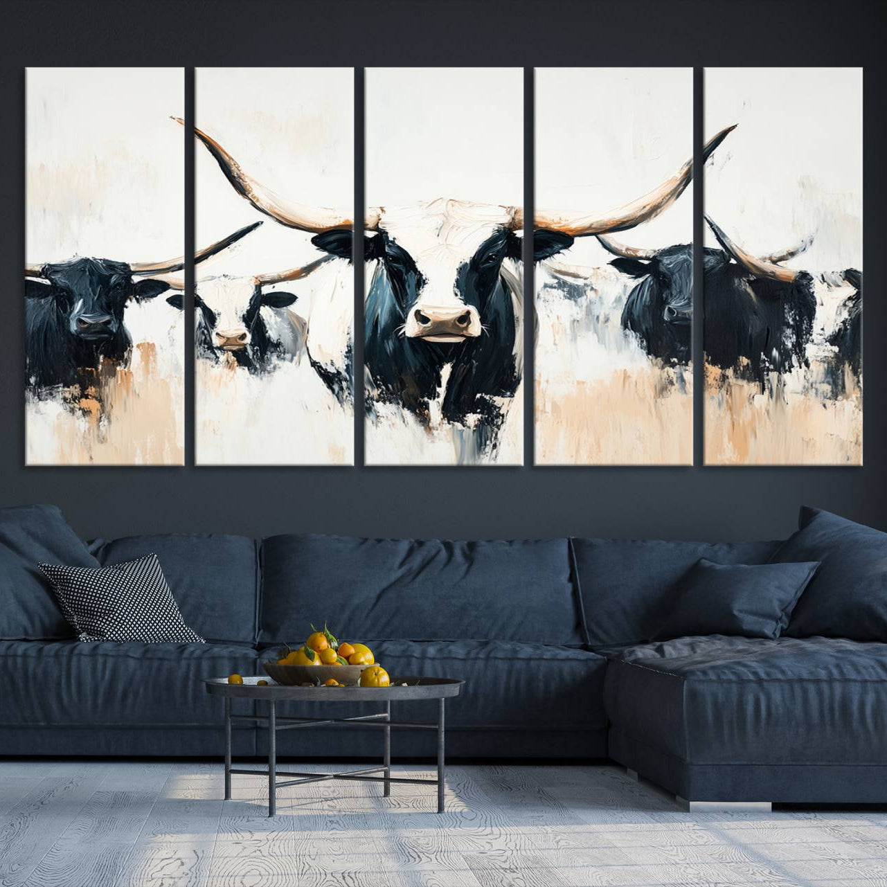 -Texas Longhorn Wall Art Canvas Print, Framed Western Cattle Art Picture Print, Horned Bull Perfect