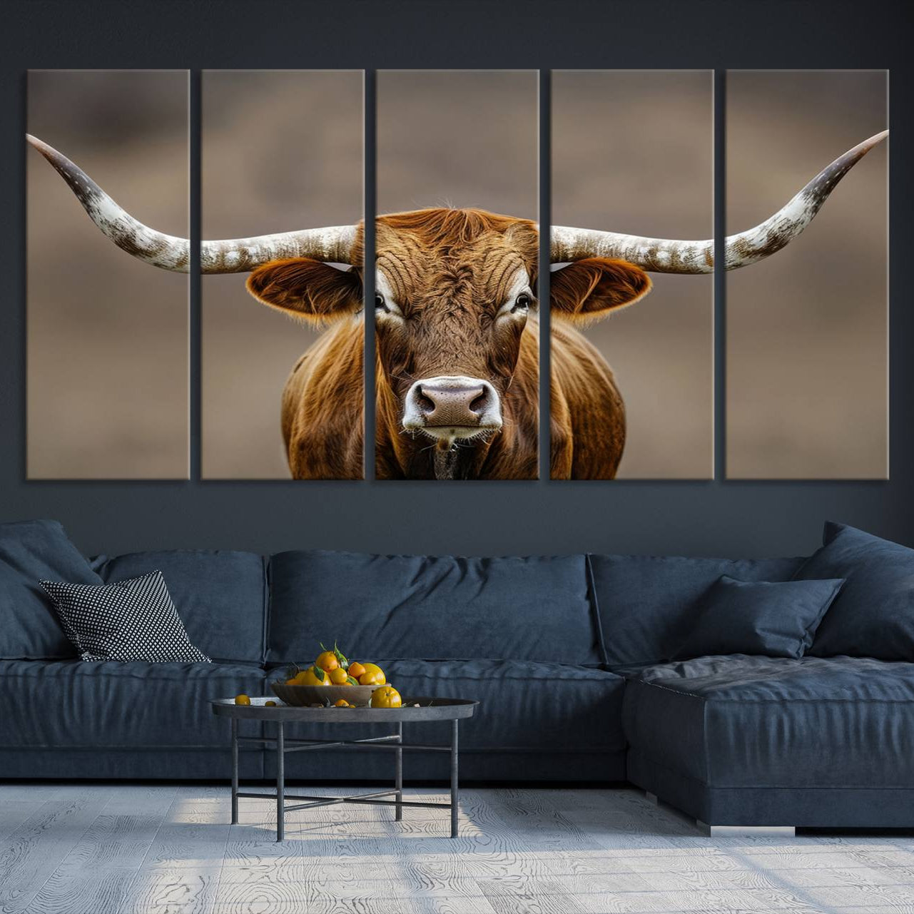 -Texas Longhorn Wall Art Canvas Print, Framed Brown Bull Art Picture Print, Lone Cattle Perfect