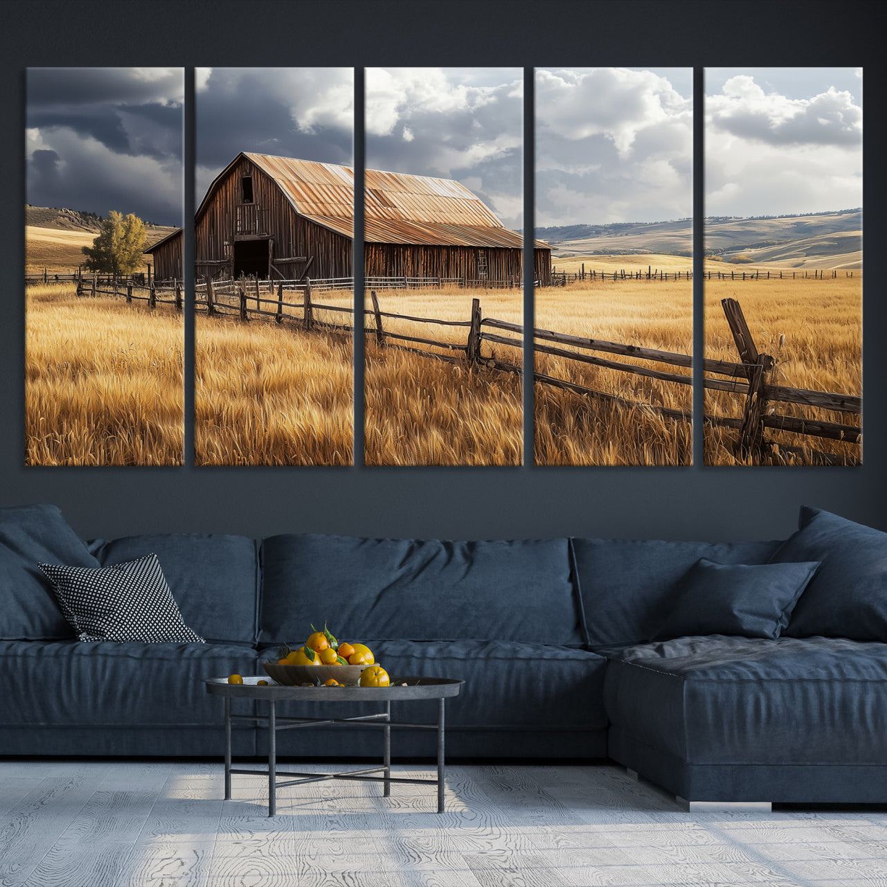 38758826-MGV-CV-36X24-Rustic Barn Wall Art Canvas Print – Framed Moody Barn Golden Field Countryside Farmhouse Landscape Artwork for Home Office