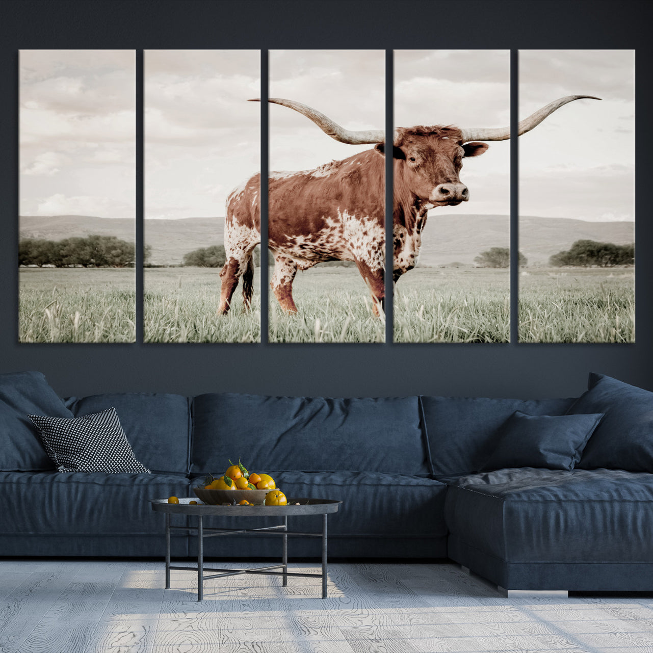 -Texas Longhorn Wall Art Canvas Print, Framed Spotted Cattle Art Picture Print, Horned Bull Perfect