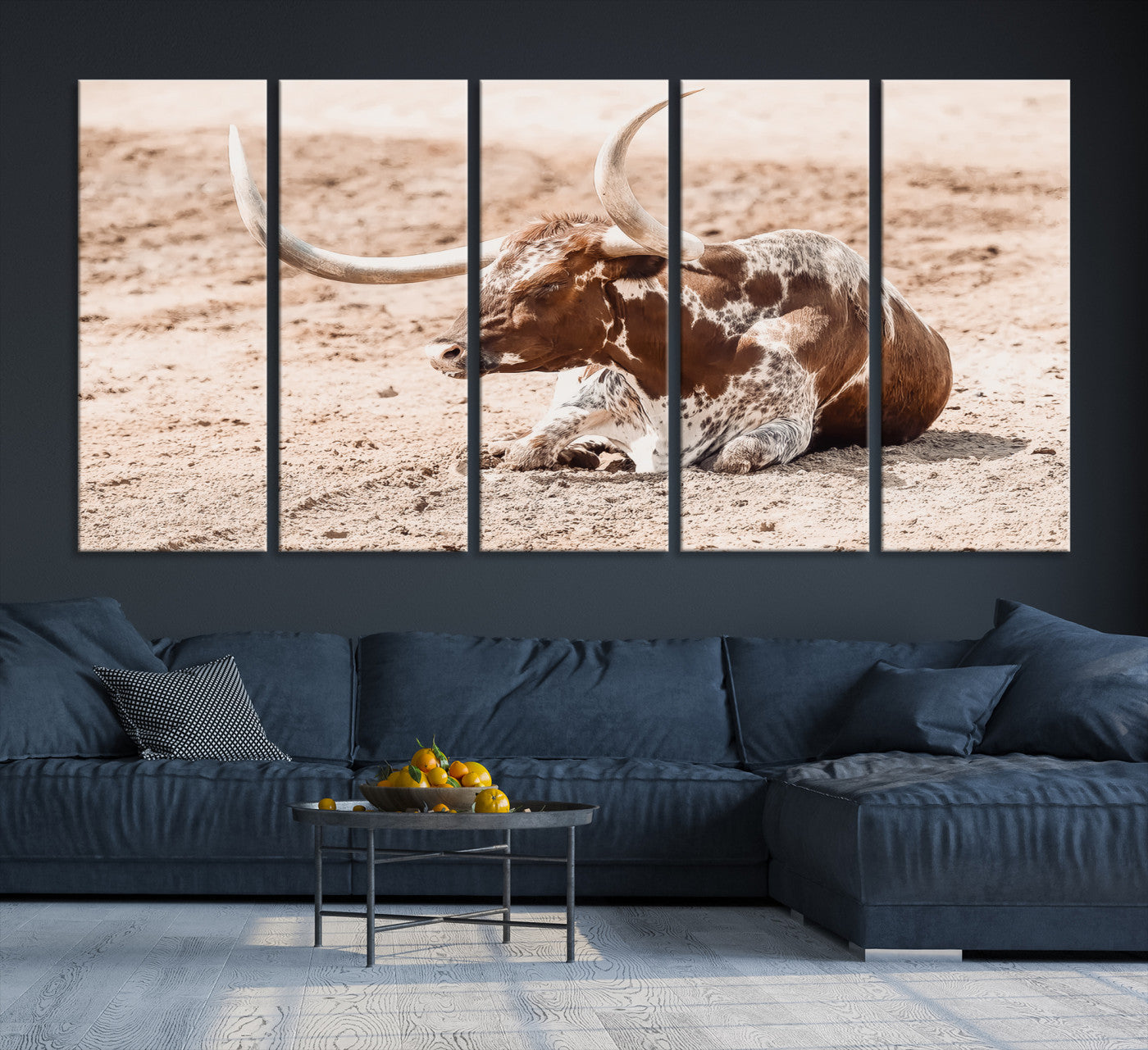 91248682-MGV-CV-36X24-Texas Longhorn Wall Art Canvas Print – Framed Resting Bull Spotted Cattle Western Ranch Animal Artwork for Home Office