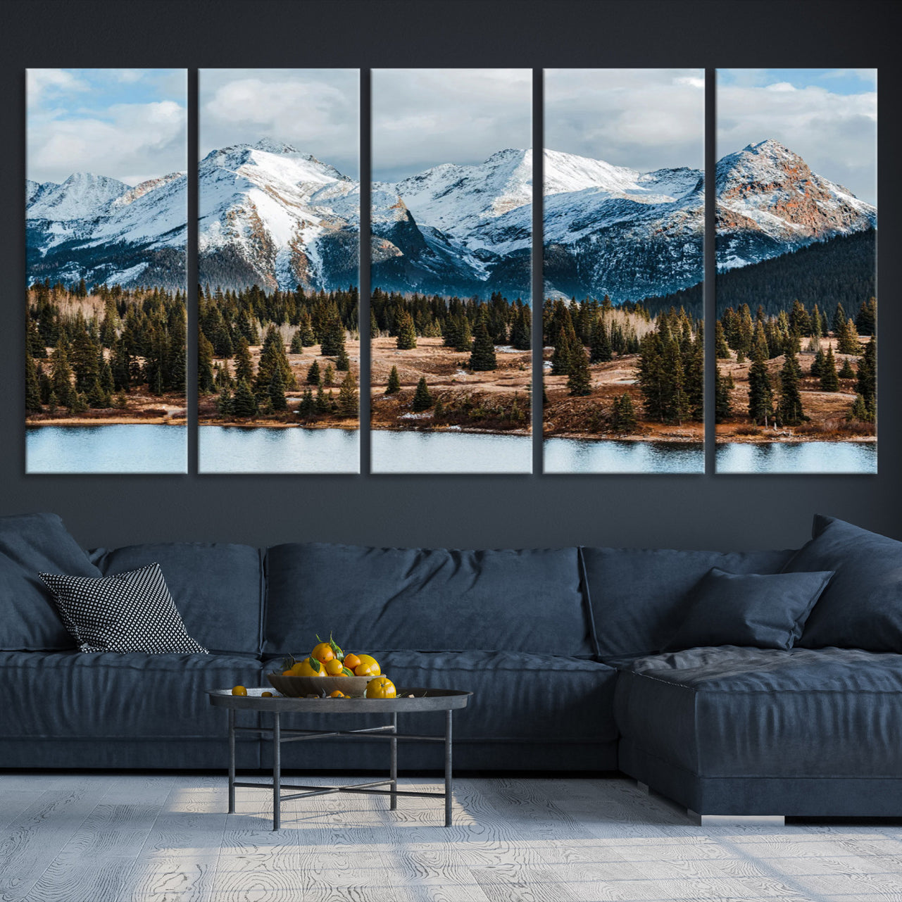 -Snowy Peaks Wall Art Canvas Print, Framed Alpine Lake Art Picture Print, Pine Forest Perfect Alpine
