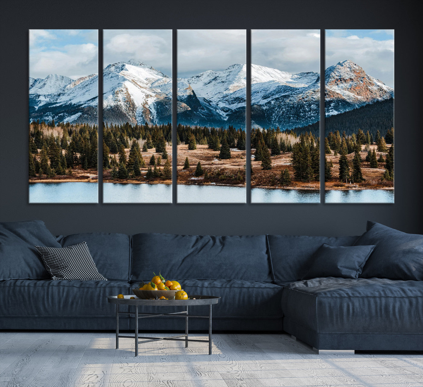 -Snowy Peaks Wall Art Canvas Print, Framed Alpine Lake Art Picture Print, Pine Forest Perfect Alpine