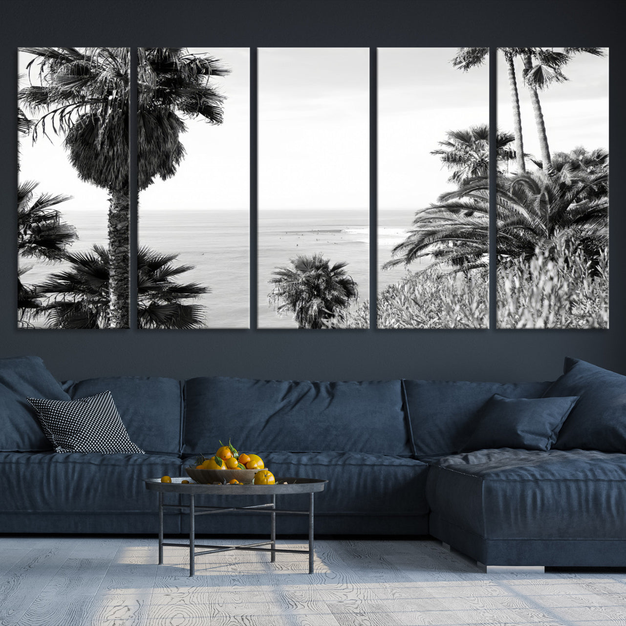 89458520-MGV-CV-36X24-Palm Trees Wall Art Canvas Print, Framed Coastal Art Picture Print, Ocean Horizon Perfect Monochrome Coast Decor
