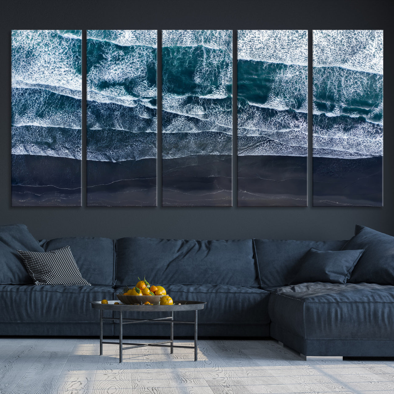 87941475-MGV-CV-36X24-Black Beach Wall Art Canvas Print – Framed Aerial Ocean View Moody Coastal Seascape Nature Artwork for Home Office