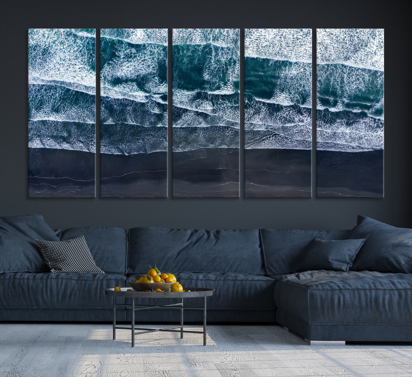 87941475-MGV-CV-36X24-Black Beach Wall Art Canvas Print – Framed Aerial Ocean View Moody Coastal Seascape Nature Artwork for Home Office