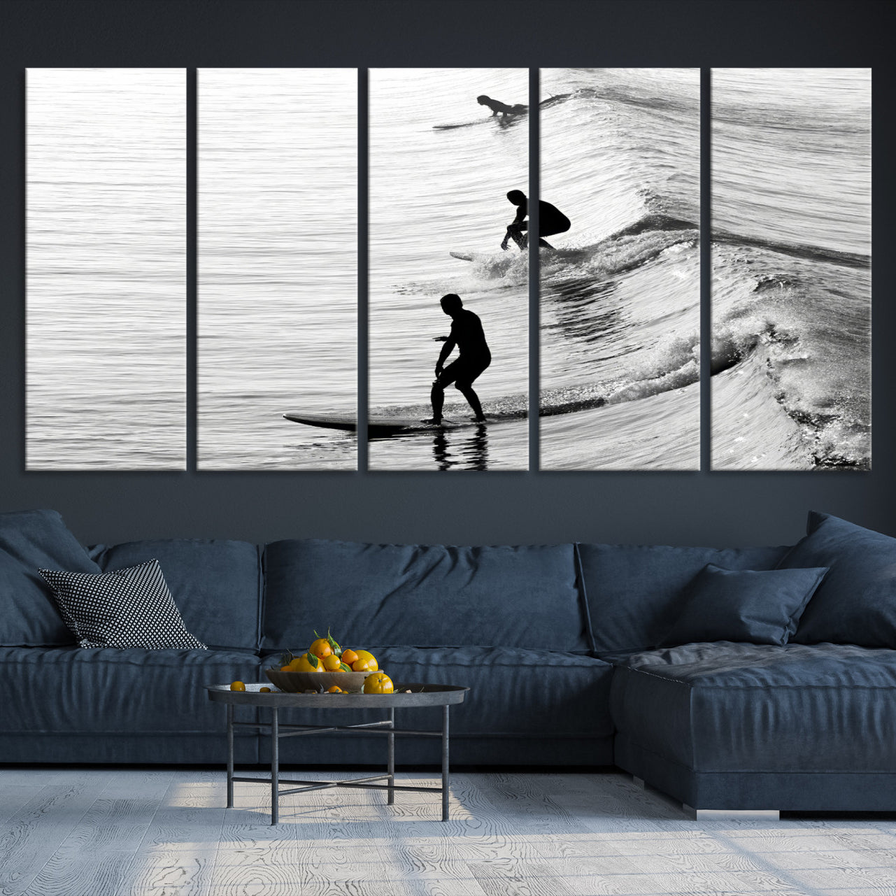 19875284-MGV-CV-36X24-Surfers on Waves Wall Art Canvas Print – Framed Black and White Surf Ocean Monochrome Beach Artwork for Home, Office