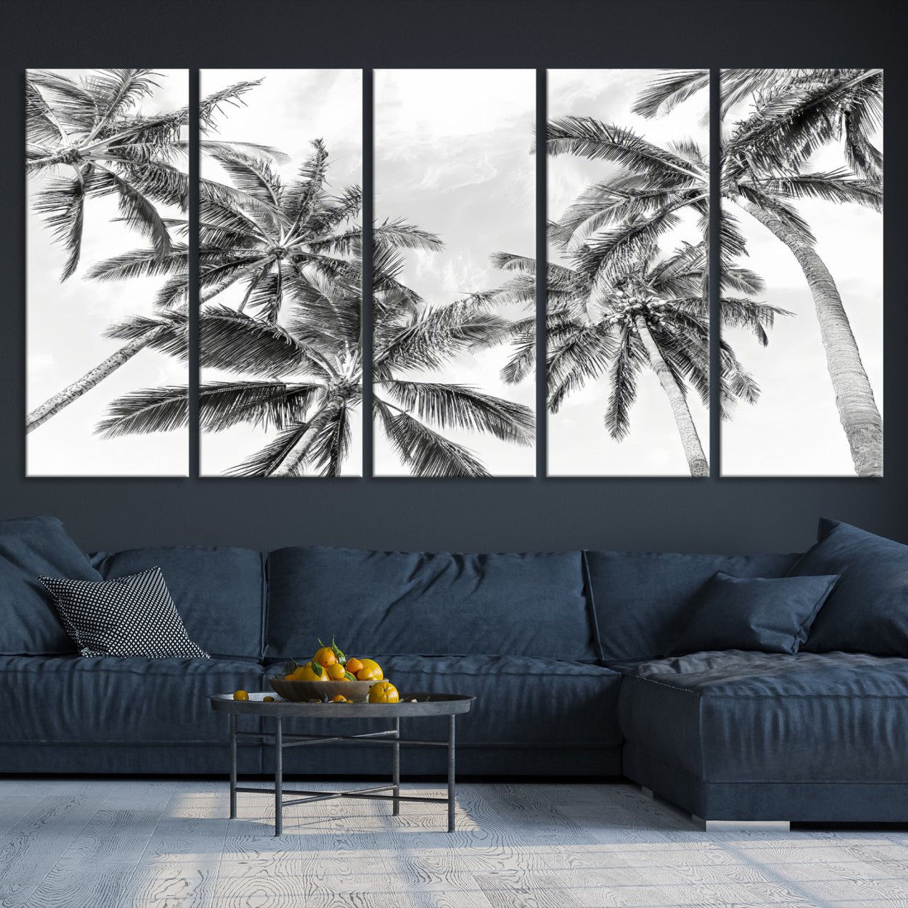 62113786-MGV-CV-36X24-Black and White Palm Wall Art Canvas Print – Framed Monochrome Tropical Beach Scene Artwork for Modern Home, Office Decor