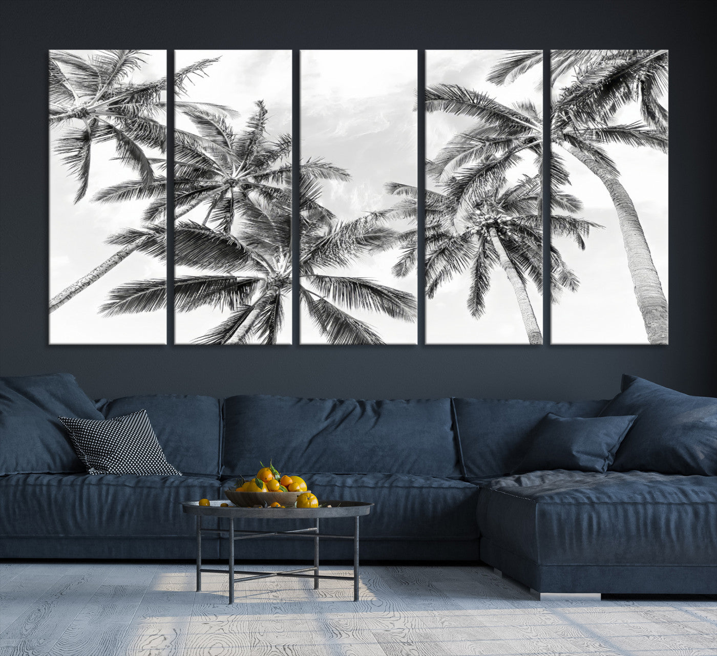 62113786-MGV-CV-36X24-Black and White Palm Wall Art Canvas Print – Framed Monochrome Tropical Beach Scene Artwork for Modern Home, Office Decor