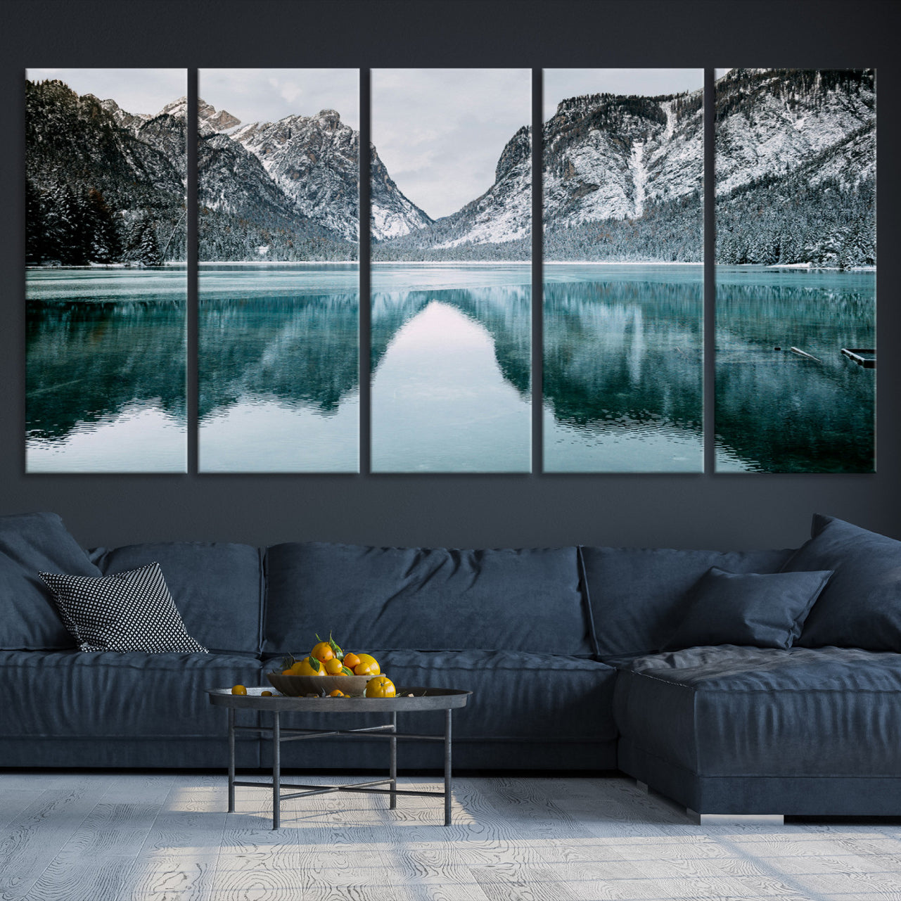 -Mountain Lake Wall Art Canvas Print – Snowy Peaks Winter Wonderland Scene Serene Nature Landscape Artwork for Home Office