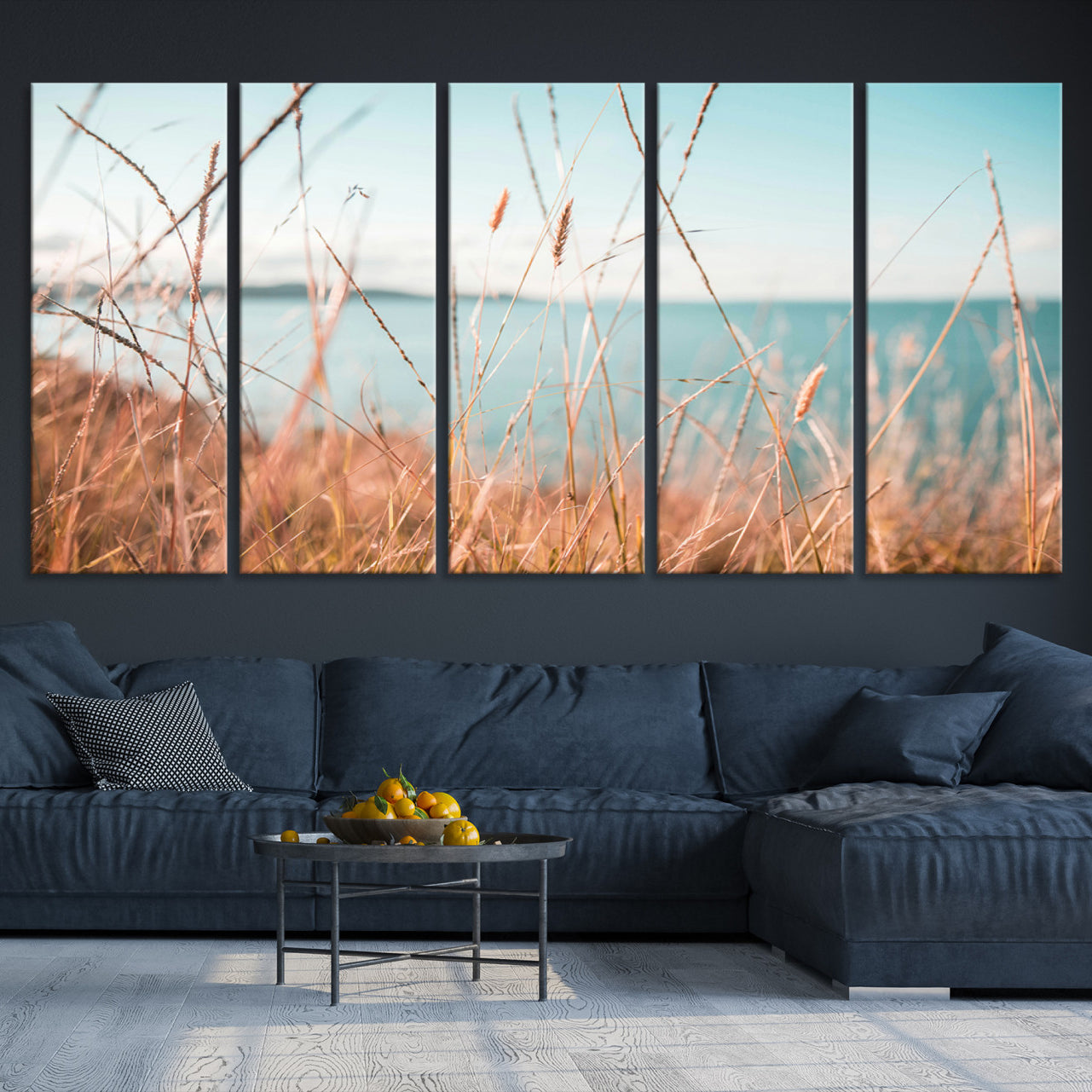36108696-MGV-CV-36X24-Coastal Grass Landscape Wall Art Canvas Print – Golden Shoreline Nature Scene Serene Ocean View Artwork for Home Office