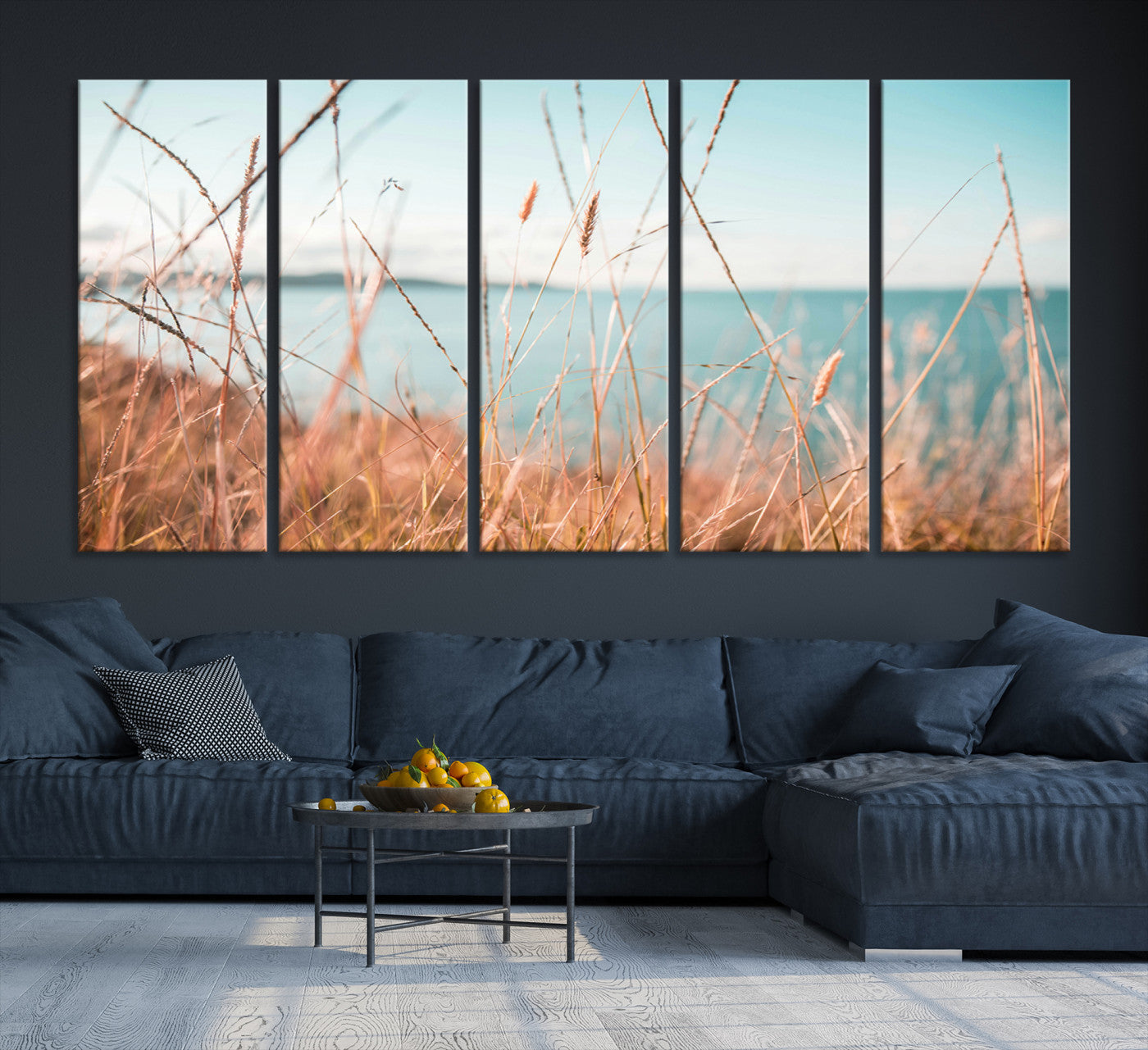 36108696-MGV-CV-36X24-Coastal Grass Landscape Wall Art Canvas Print – Golden Shoreline Nature Scene Serene Ocean View Artwork for Home Office