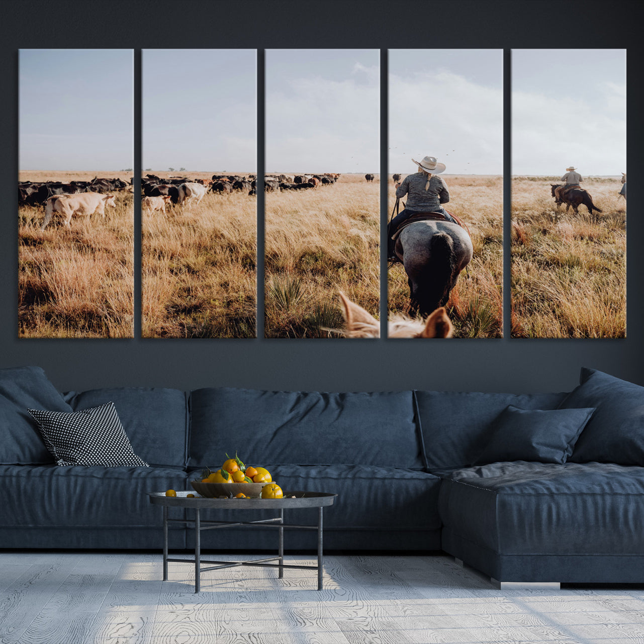 -Western Wall Art Canvas Print – Framed Cowboy Cattle Drive Scene Rustic Ranch Landscape Artwork for Home Office