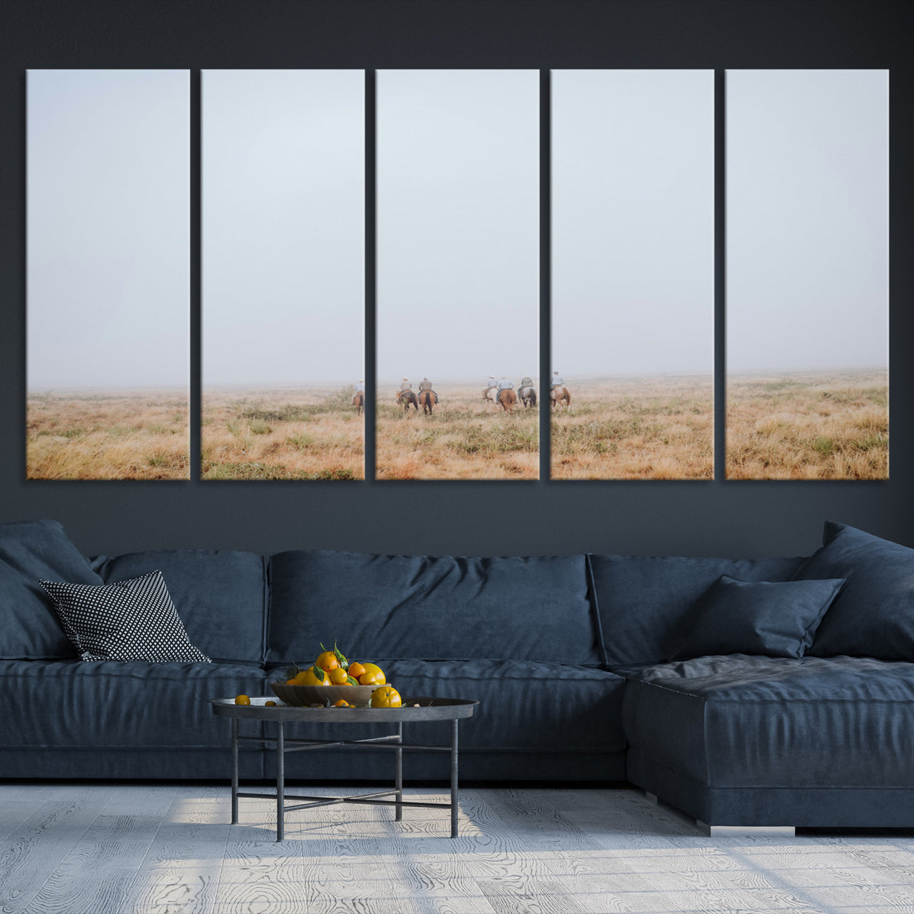 14761944-MGV-CV-36X24-Foggy Plains Wall Art Canvas Print – Framed Horseback Riders Rustic Western Landscape Scene Artwork for Home Office