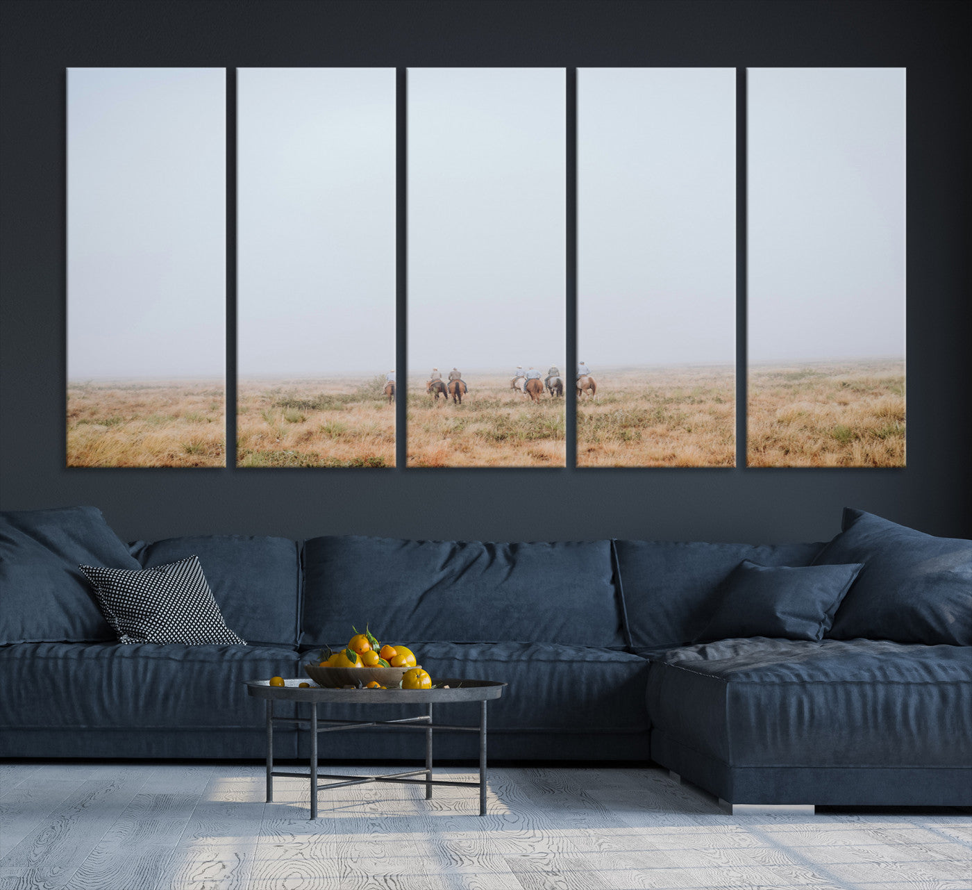 14761944-MGV-CV-36X24-Foggy Plains Wall Art Canvas Print – Framed Horseback Riders Rustic Western Landscape Scene Artwork for Home Office