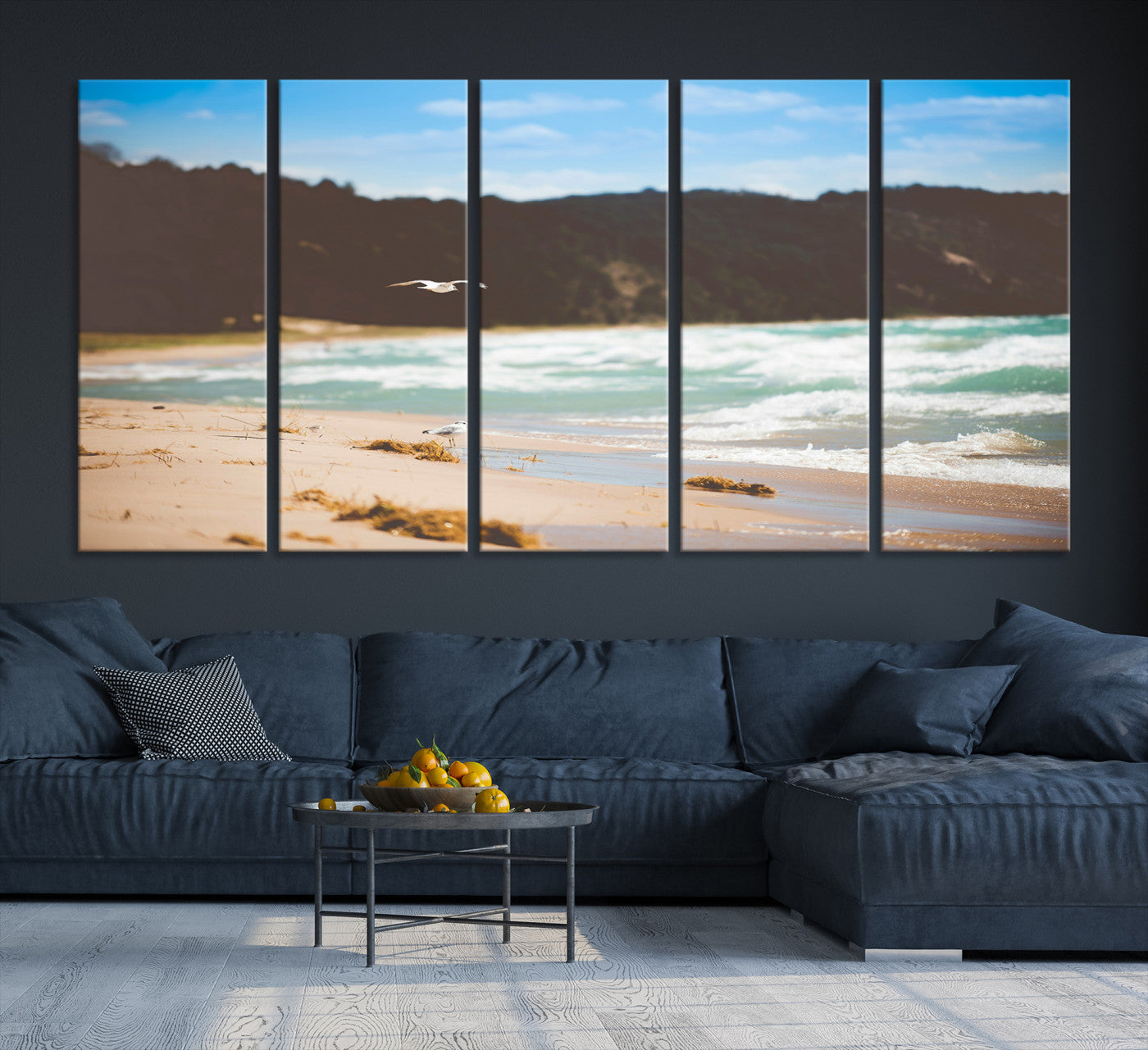 -Tranquil Beach Scene Wall Art Canvas Print – Framed Blue Ocean Waves Sandy Shore Coastal Nature Artwork for Home Office