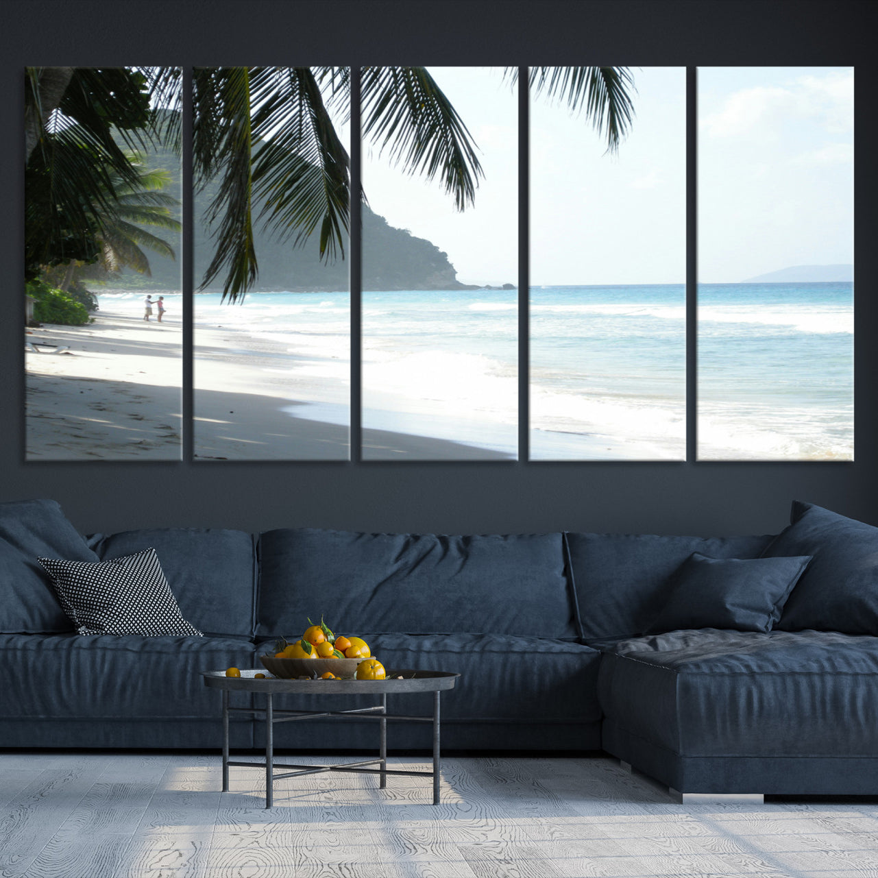 -Tropical Beach Wall Art Canvas Print – Framed Serene Ocean Scene Palm Tree Shadows Coastal Nature Artwork for Home Office