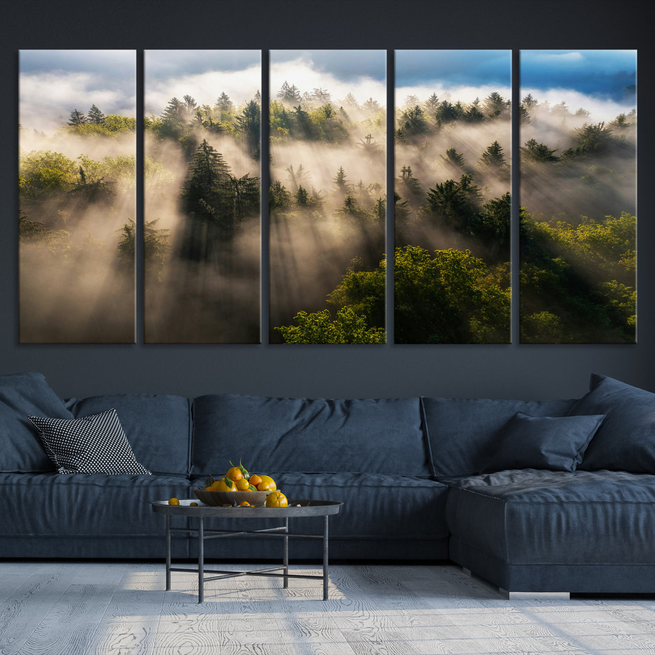 -Tranquil Forest Scene Wall Art Canvas Print – Framed Moody Sunbeam Through Trees Nature Artwork for Home Office
