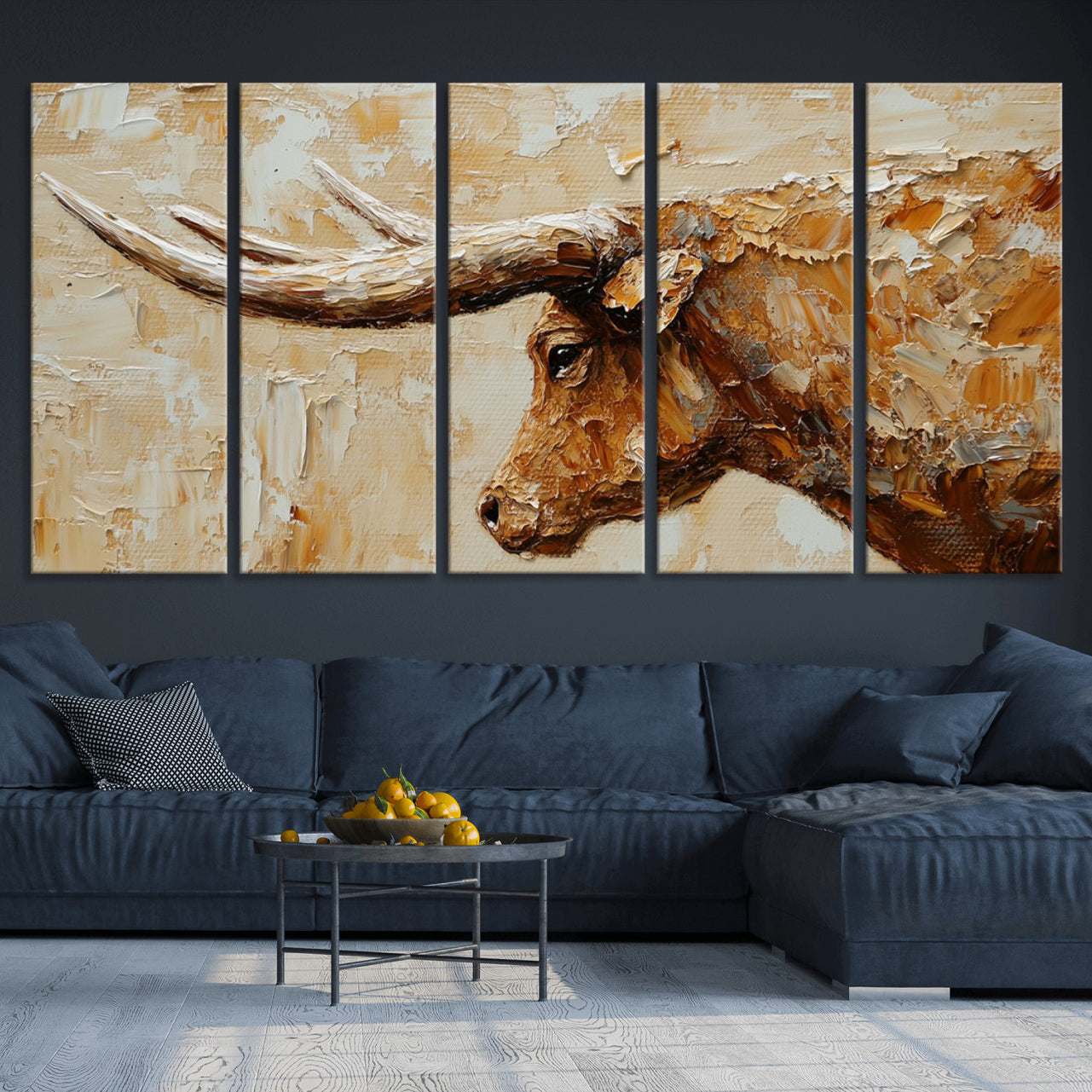 -Rustic Longhorn Bull Wall Art Canvas Print – Vintage Western Cattle Texas Steer Scene Artwork for home, office
