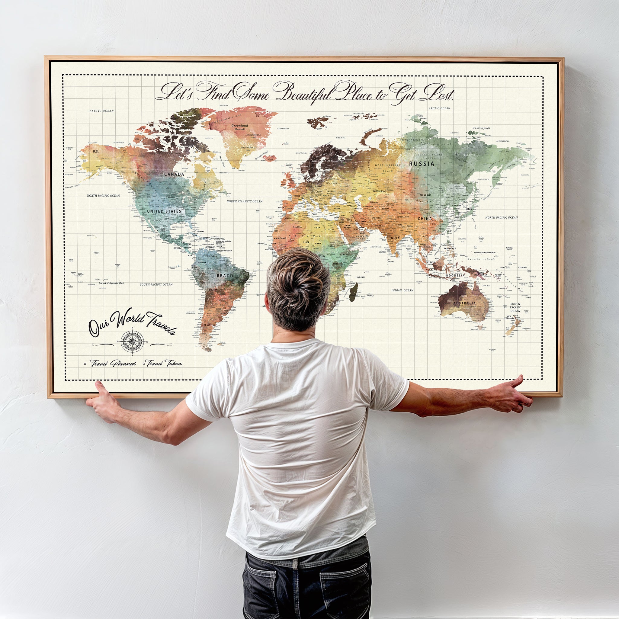 Rehber01-MGV-CV-36X24-Custom Framed World Map Canvas Print Personalized Push Pin Travel Tracker Gift for Couples for Home, Office